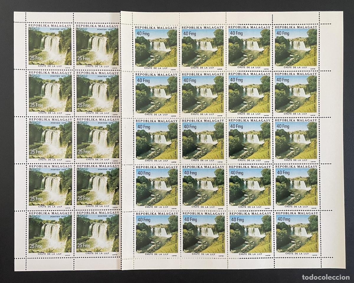 Sellos: Madagascar 1975 YT 571-572 bloque cascada Lily paisaje