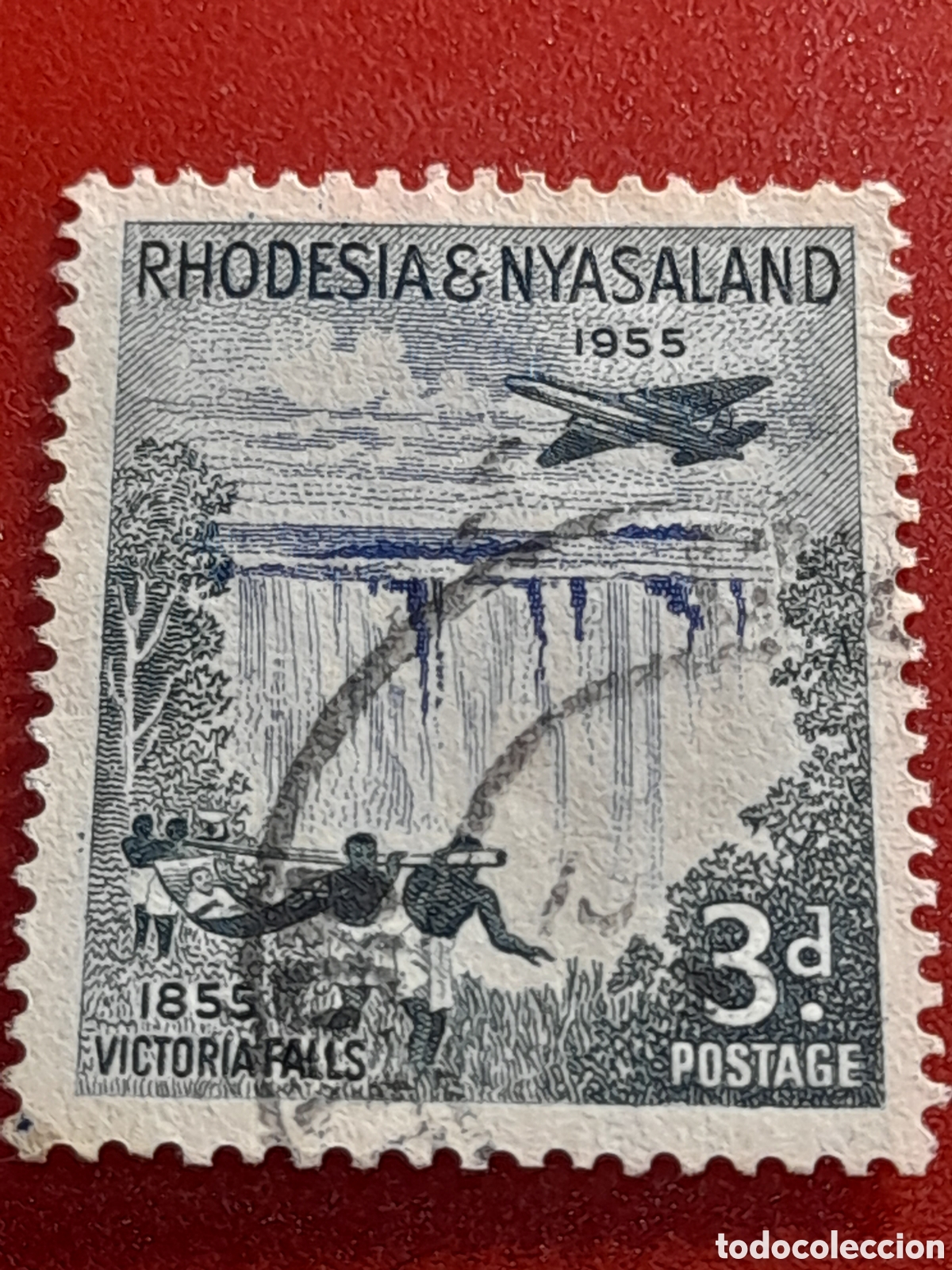Sellos: Sello (q/2v) Rhodesia - Nyasalandia mtdo/udo 1955. 100Aniv descubrimeinto cataratas Victoria Aviones