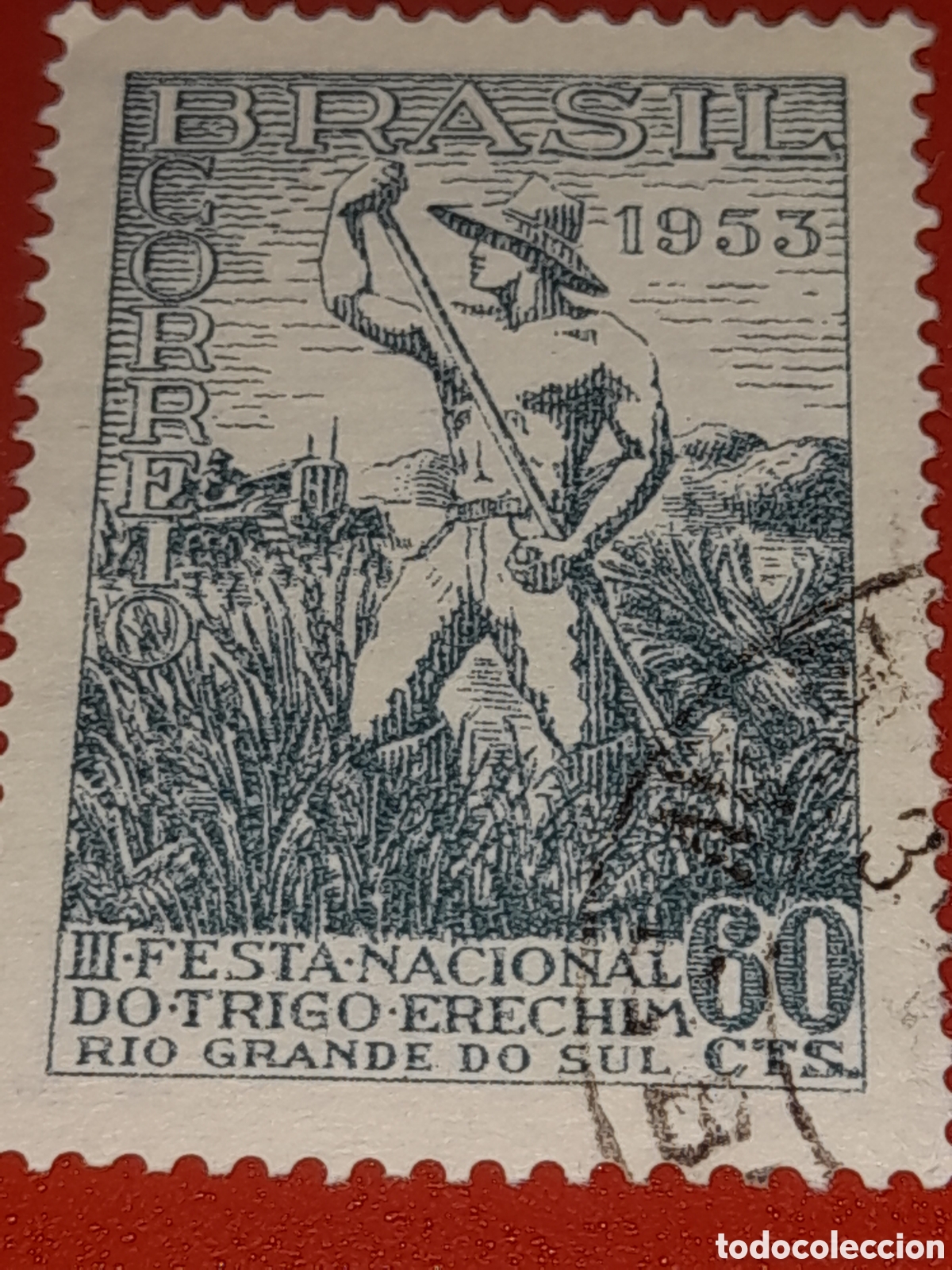 Sellos: Sello Brasil mtdo/udo 1953. 3 Festival trigo. Campesino. Agricultor. Campo. Cosecha. Alimento Flora