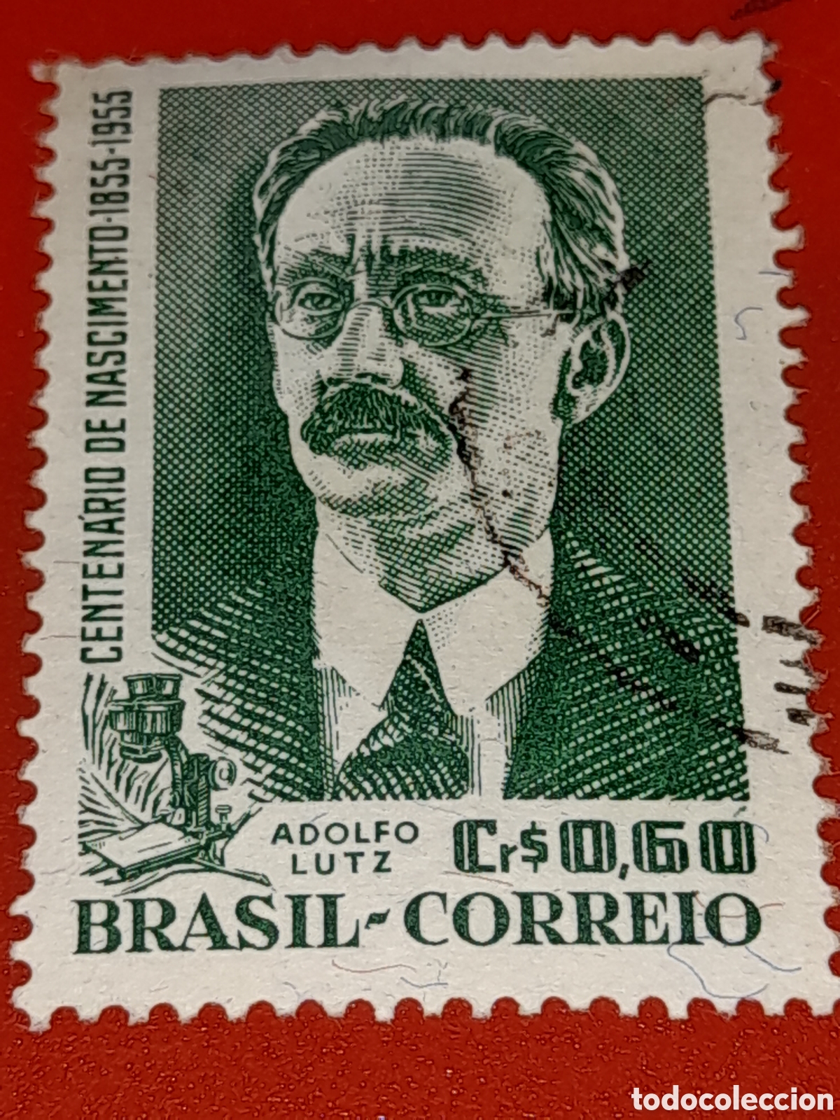 Sellos: Sello Brasil mtdo/udo 1955. 100Aniv nacimiento naturalista Adolfo Lutz. Naturaleza. Arte. Ciencia.