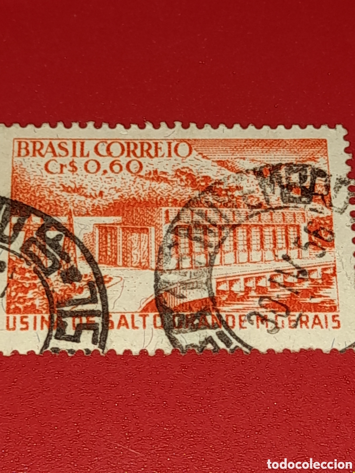 Sellos: Sello Brasil mtdo/udo 1956. Central hidroel&eacute;ctrica Salto Grande. Naturaleza. Desarrollo. Monta&ntilde;as.
