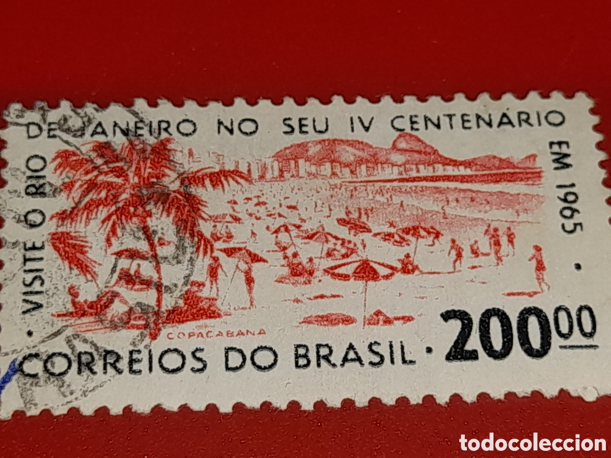 Sellos: Sello Brasil mtdo/udo 1964. 400Aniv Fundaci&oacute;n R&iacute;o Janeiro. Palmera. &Aacute;rbol. Playa. Costa. Naturaleza