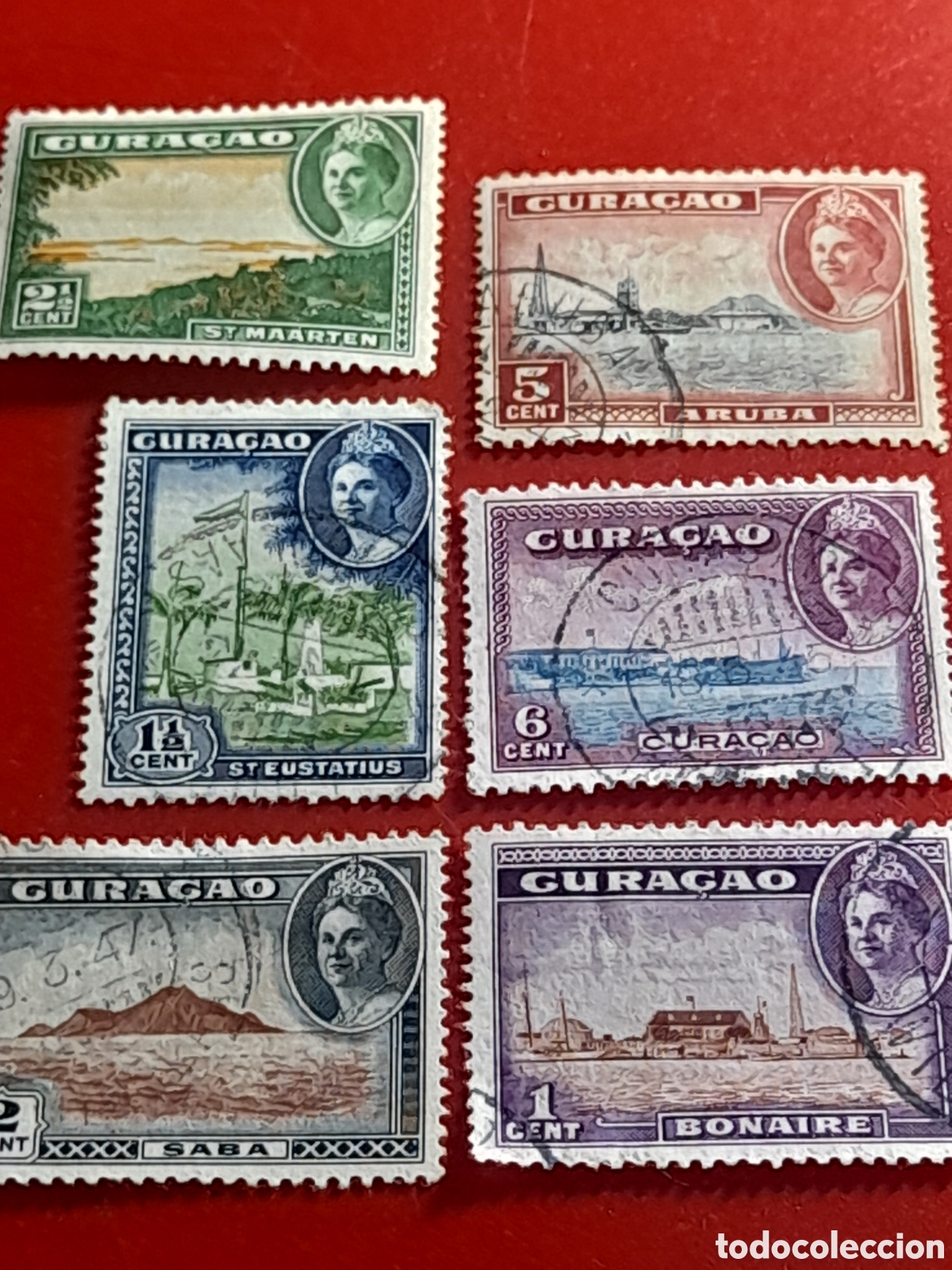 Sellos: Sello Curacao mtdo/udo 1943. Islas. Naturaleza. Monta&ntilde;as. Costa. Puertos. Arquitectura. Historia. Ba
