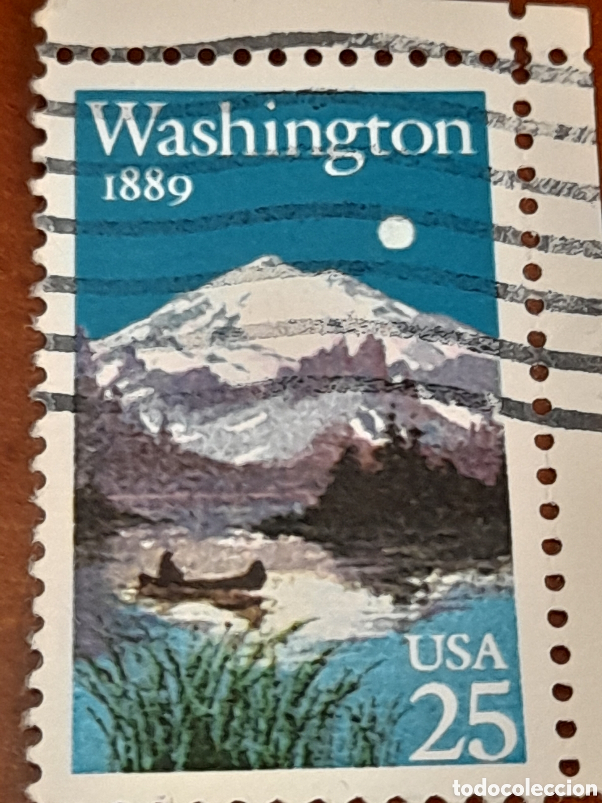 Sellos: Sello Estados Unidos mtdo 1989. 100Aniv estado Whashington. Monta&ntilde;a. Barca. Canoa. Naturaleza