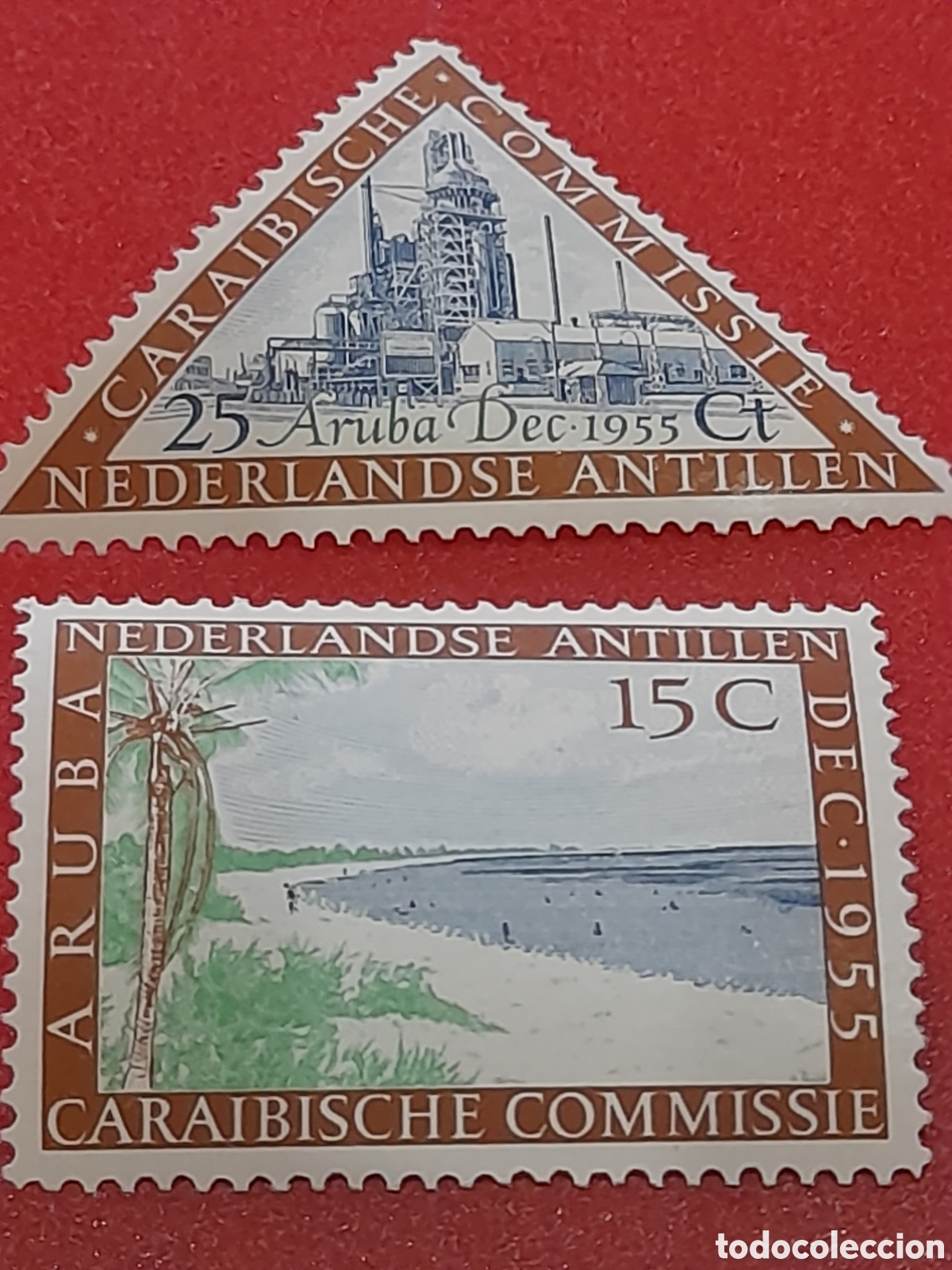 Sellos: Sello Antillas Holandesas nuevo 1955. 21 encuentro Comisi&oacute;n. Playa. Costa. Naturaleza. Industria. Re