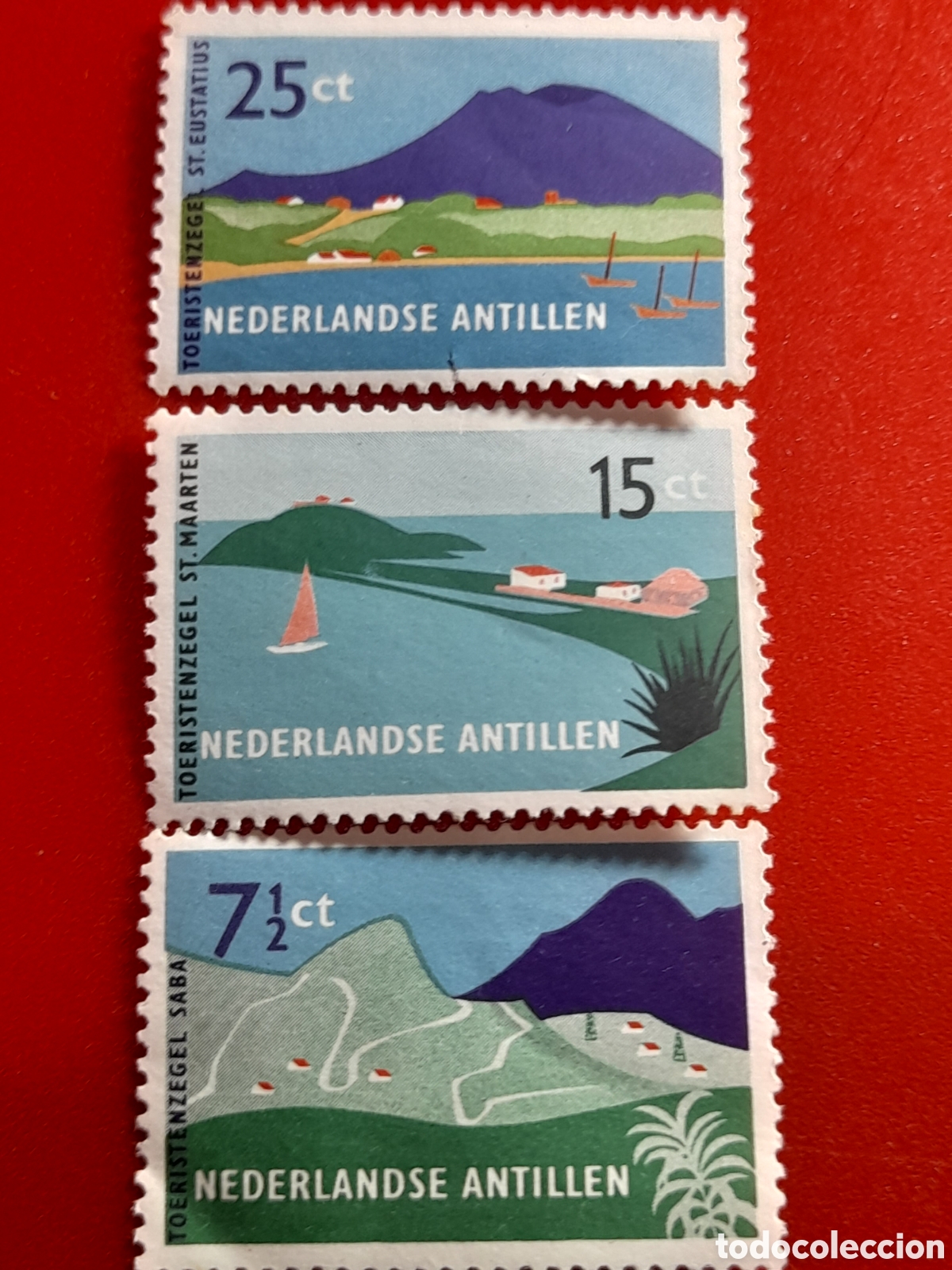 Sellos: Sello Antillas Holandesas nuevo 1957. Turismo. Naturaleza. Velero. Costa. Monta&ntilde;as. Flora.