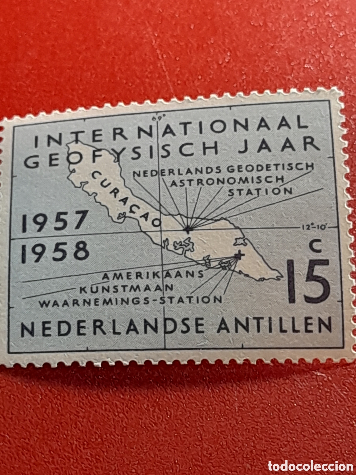 Sellos: Sello Antillas Holandesas nuevo 1957. A&ntilde;o Geof&iacute;sico inter. Isla. Cartograf&iacute;a. Espacio. Geograf&iacute;a. Ma