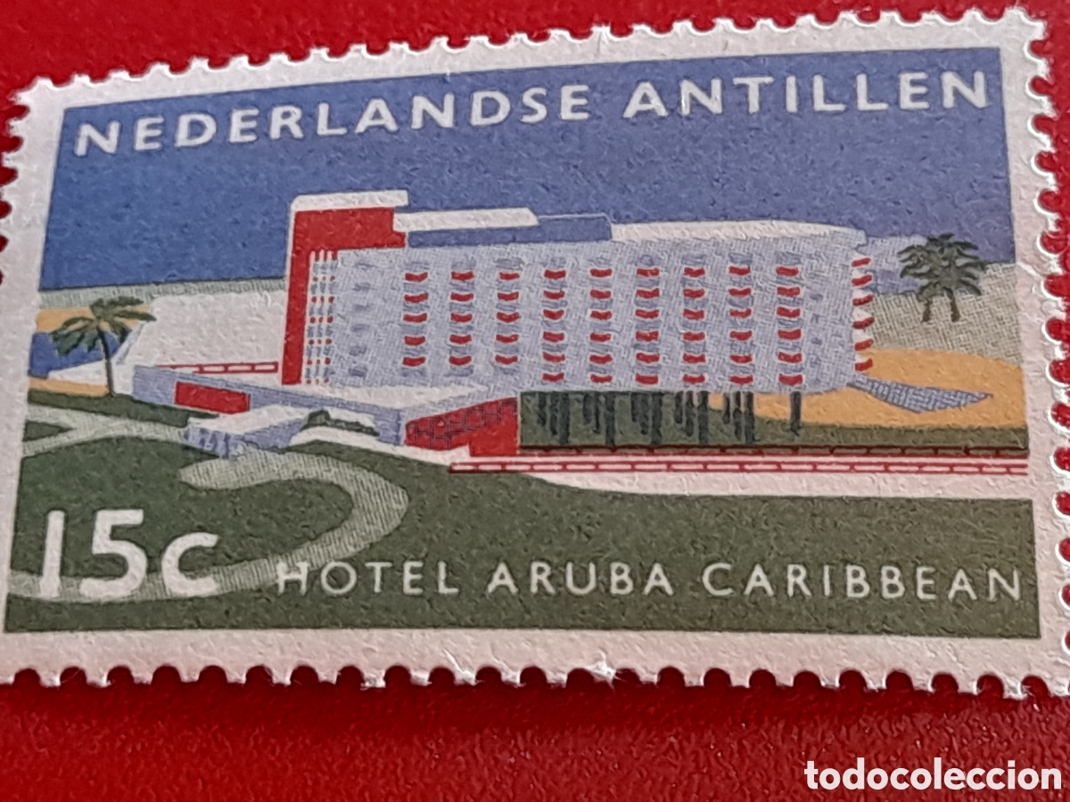 Sellos: Sello Antillas Holandesas nuevo 1959. Inauguraci&oacute;n hotel Aruba caribe. Arquitectura. Naturaleza. Arb