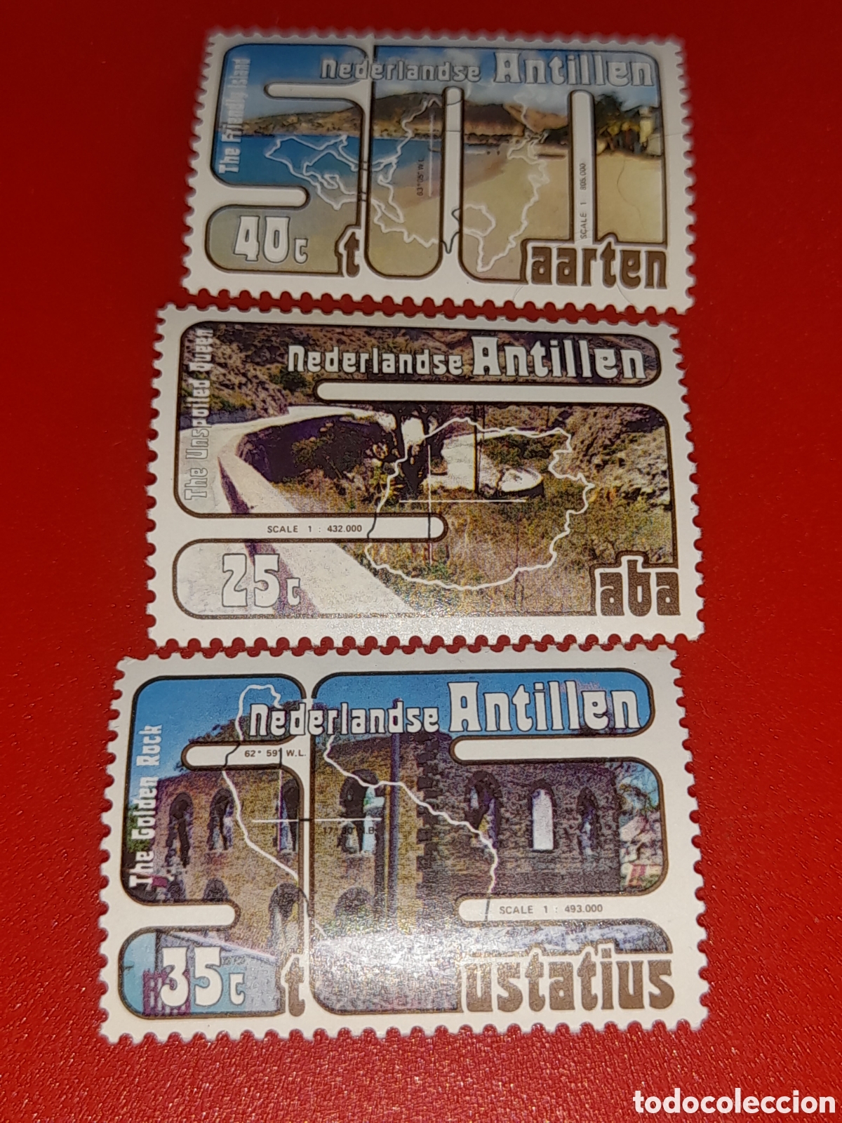 Sellos: Sello Antillas Holandesas nuevo 1977. Turismo. Costa. Monta&ntilde;as. Sinagoga. Ruinas. Camino. Cartografi