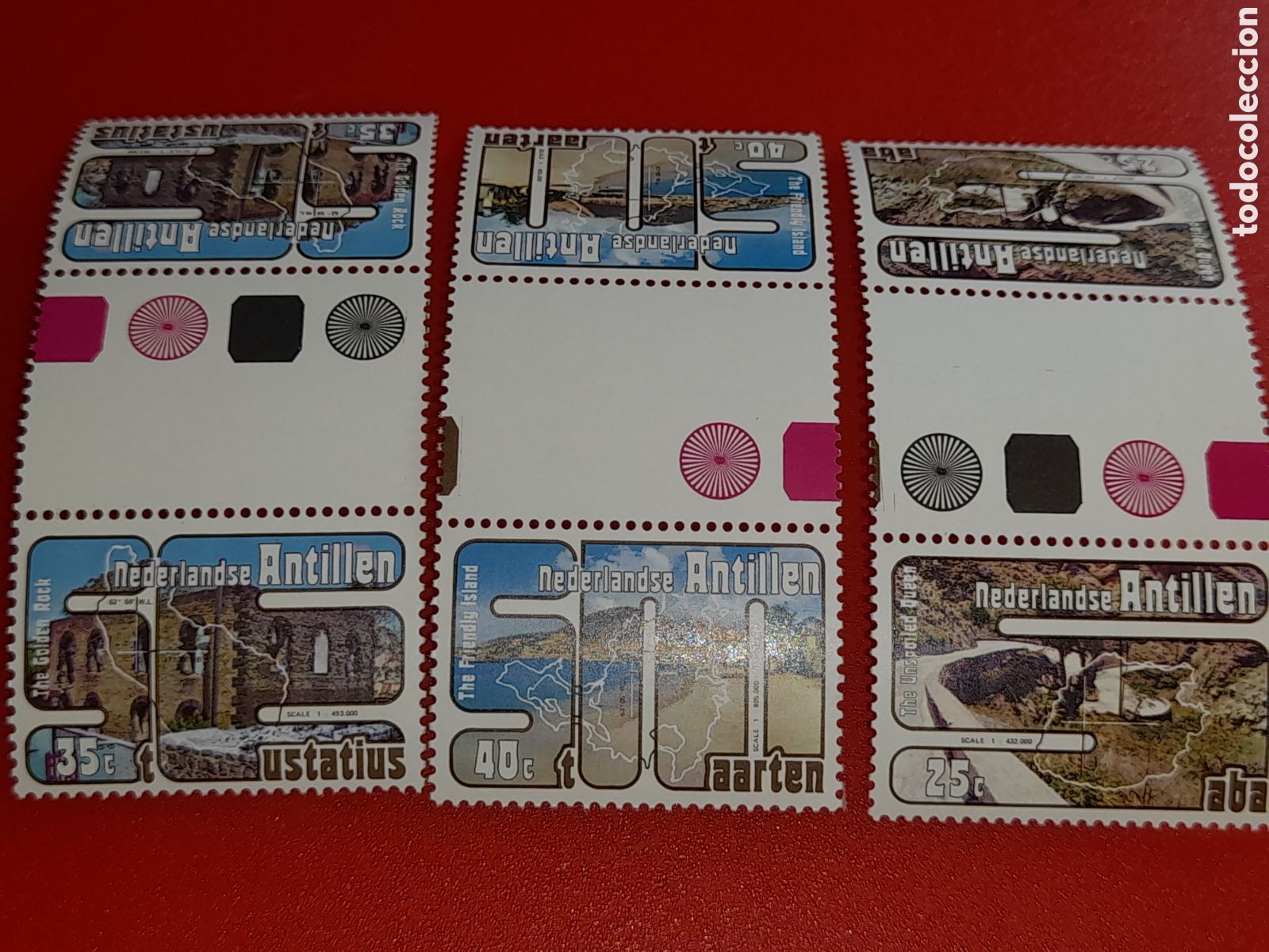 Sellos: Sello Antillas Holandesas nuevo 1977. Turismo. Costa. Monta&ntilde;as. Sinagoga. Ruinas. Camino Cartografia