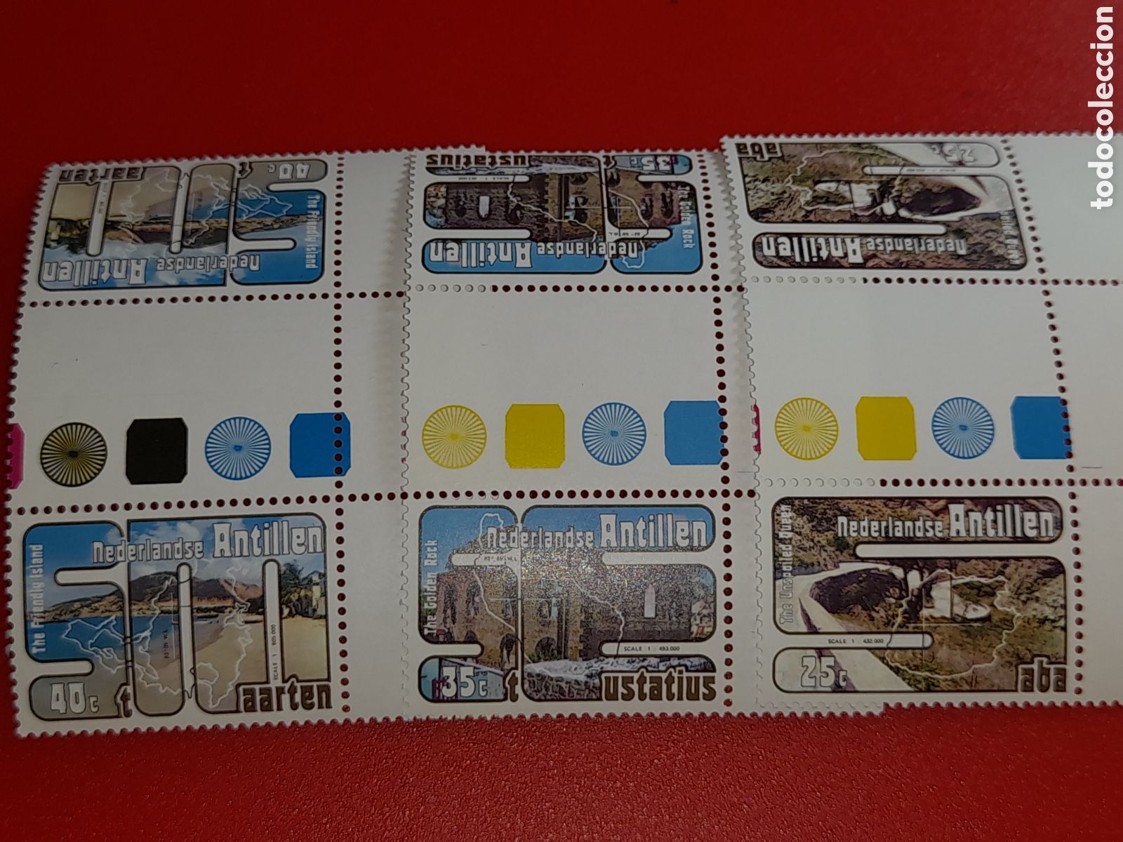 Sellos: Sello Antillas Holandesas nuevo 1977. Turismo. Costa. Monta&ntilde;as. Sinagoga. Ruinas. Camino Cartografia