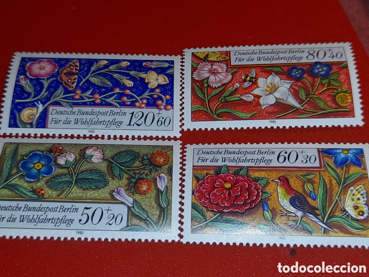 Sellos: Sello Alemania. Berlin nuevo 1985. Beneficiencia. Flora. Flores. Mariposa. Escarabajo. Aves. Pajaro.