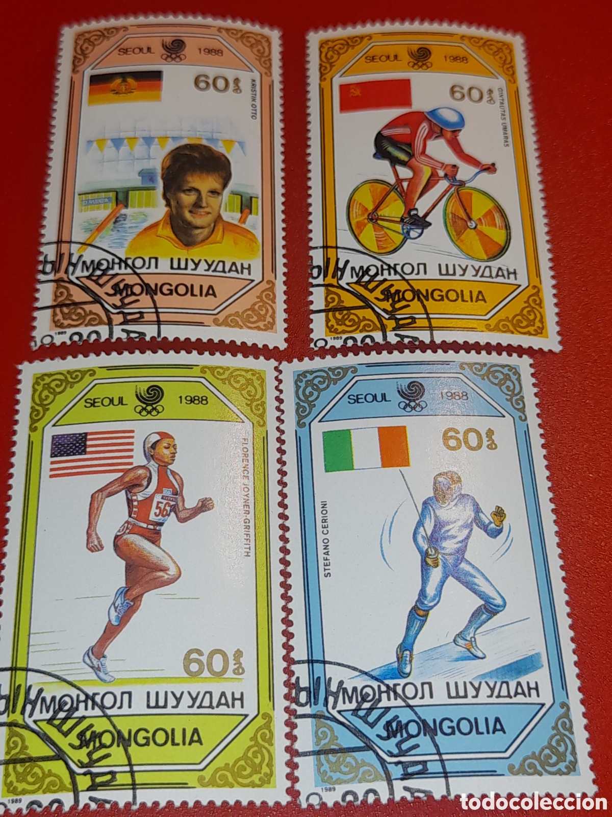 Sellos: Sello Mongolia mtdo 1989. Campeones olimpiada de Se&uacute;l. Atletas. Banderas. Ciclismo. Esgrima. Natacio