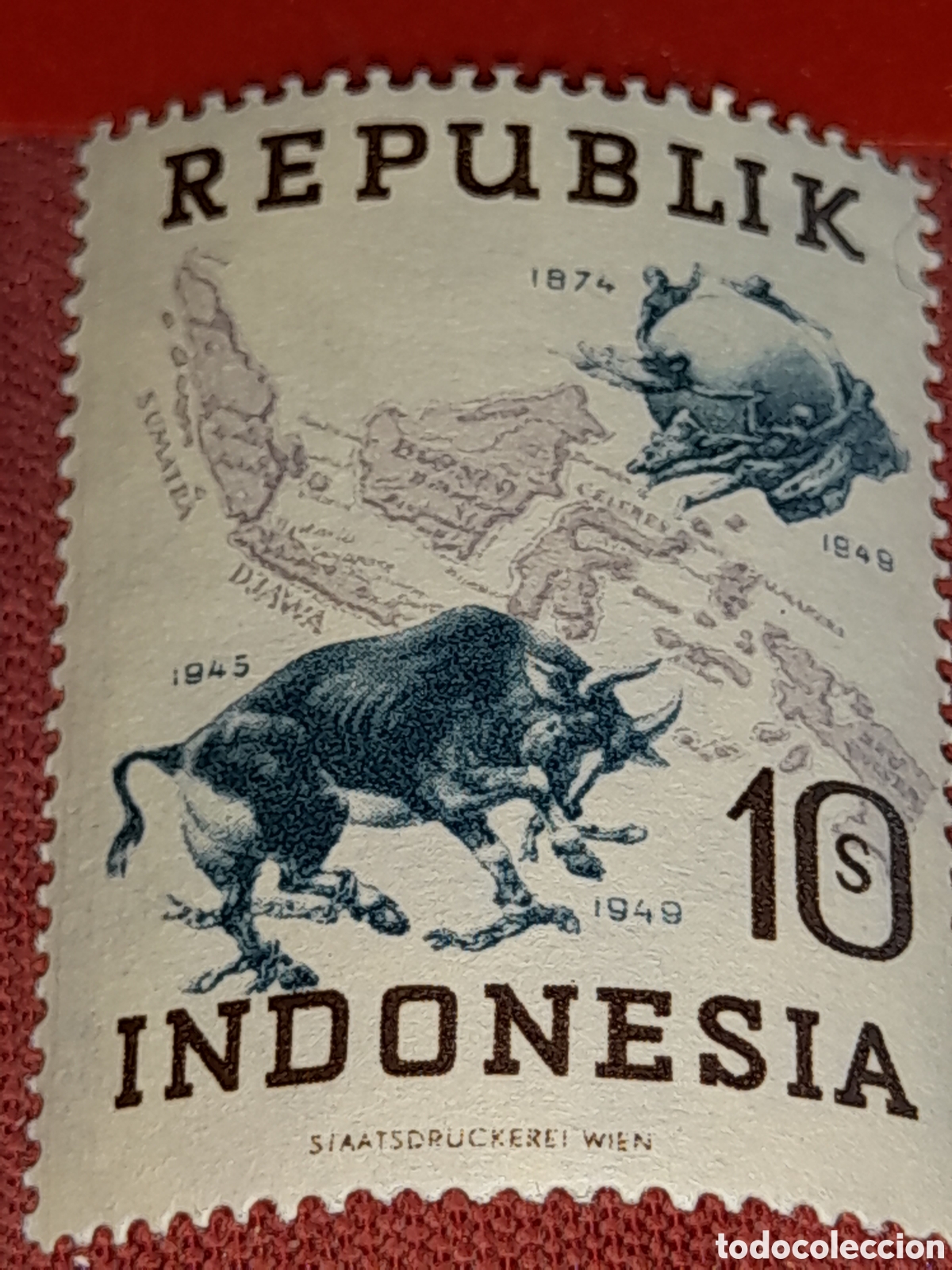 Sellos: Sello Indonesia nuevo 1949. 75Aniv Uni&oacute;n Postal Universal. Cartograf&iacute;a. B&uacute;falo. Fauna. Mapa islas.