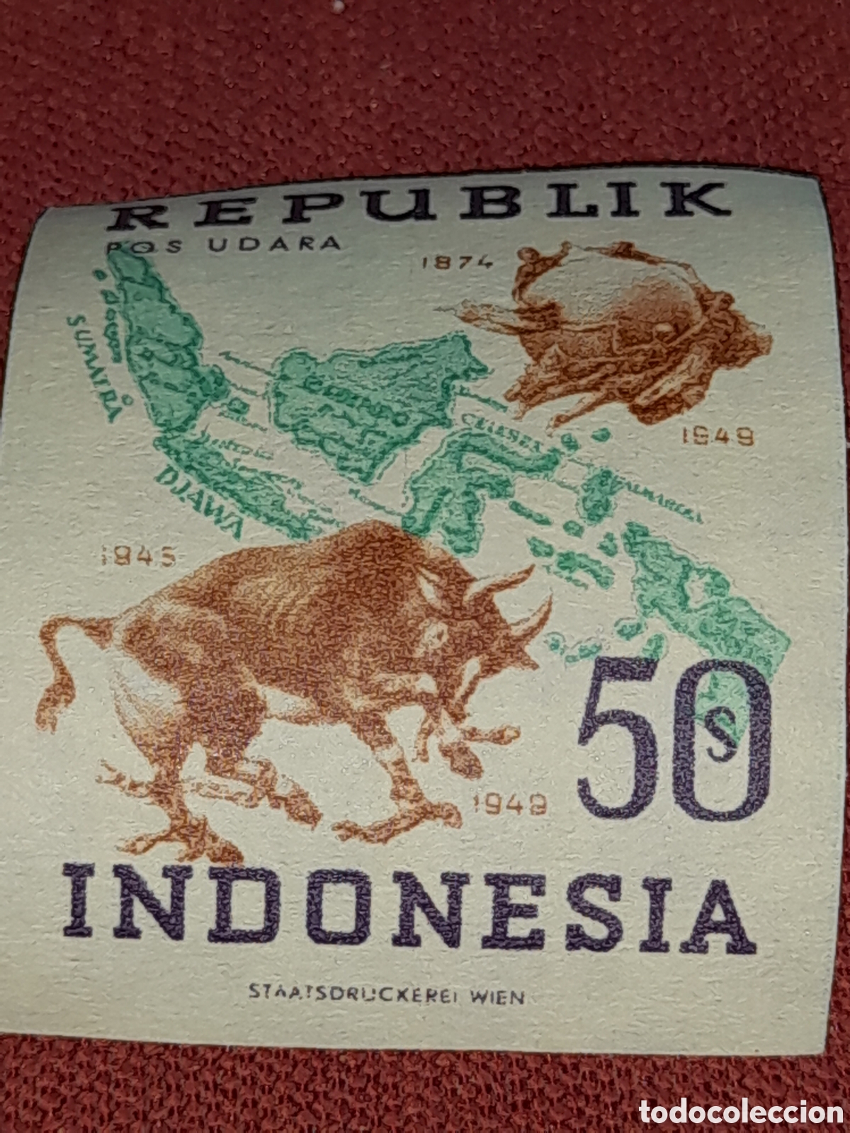 Sellos: Sello Indonesia nuevo 1949. 75Aniv Uni&oacute;n Postal Universal. Cartograf&iacute;a. B&uacute;falo. Fauna. Mapa islas.