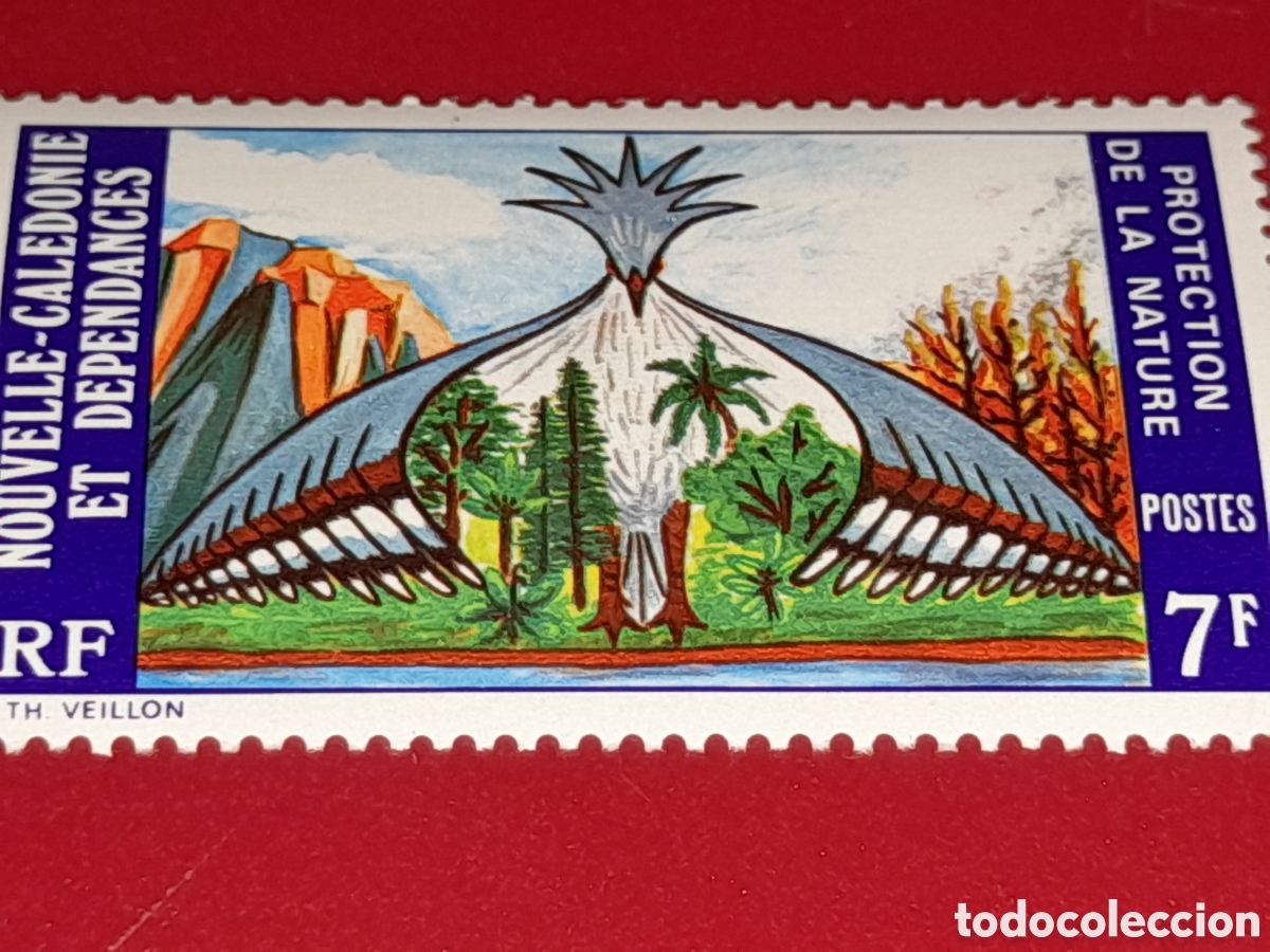 Sellos: Sello Nueva Caledonia nuevo 1974. Protecci&oacute;n naturaleza. &Aacute;rboles. Flora. Aves. Alegor&iacute;a.