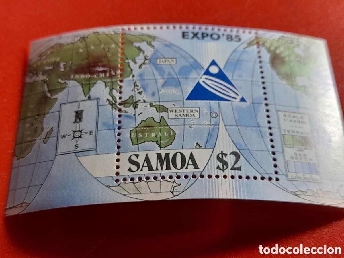 Sellos: HB Samoa nueva 1985. Exp universal Tsukuba. Cartograf&iacute;a. Mapa mundo. Geograf&iacute;a.