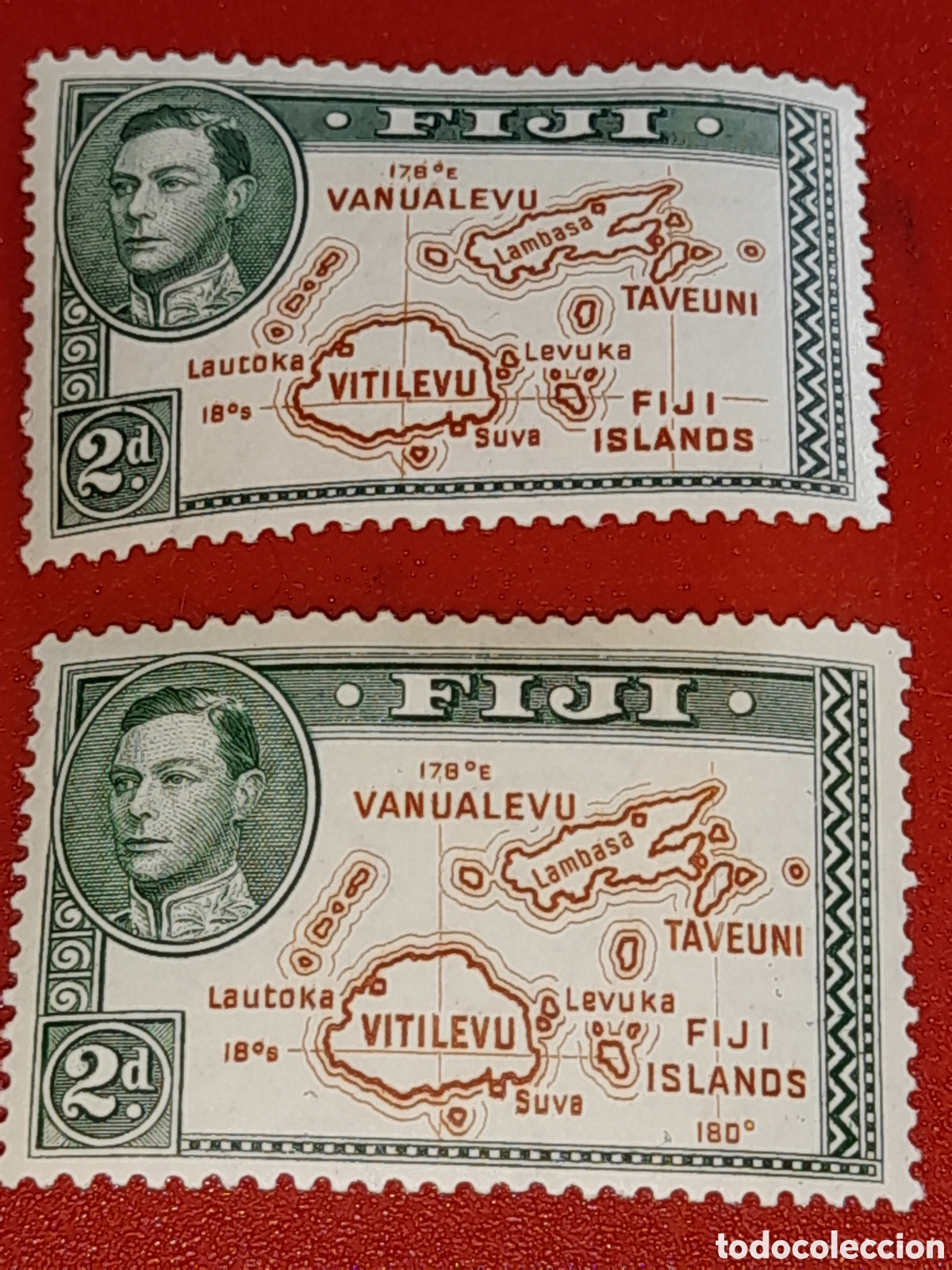 Sellos: Sello (2/11v) Fiji sin matasello/bgra 1938 - 1929. Islas. Cartograf&iacute;a. Con y sin 180&deg;. Rey. Geografi