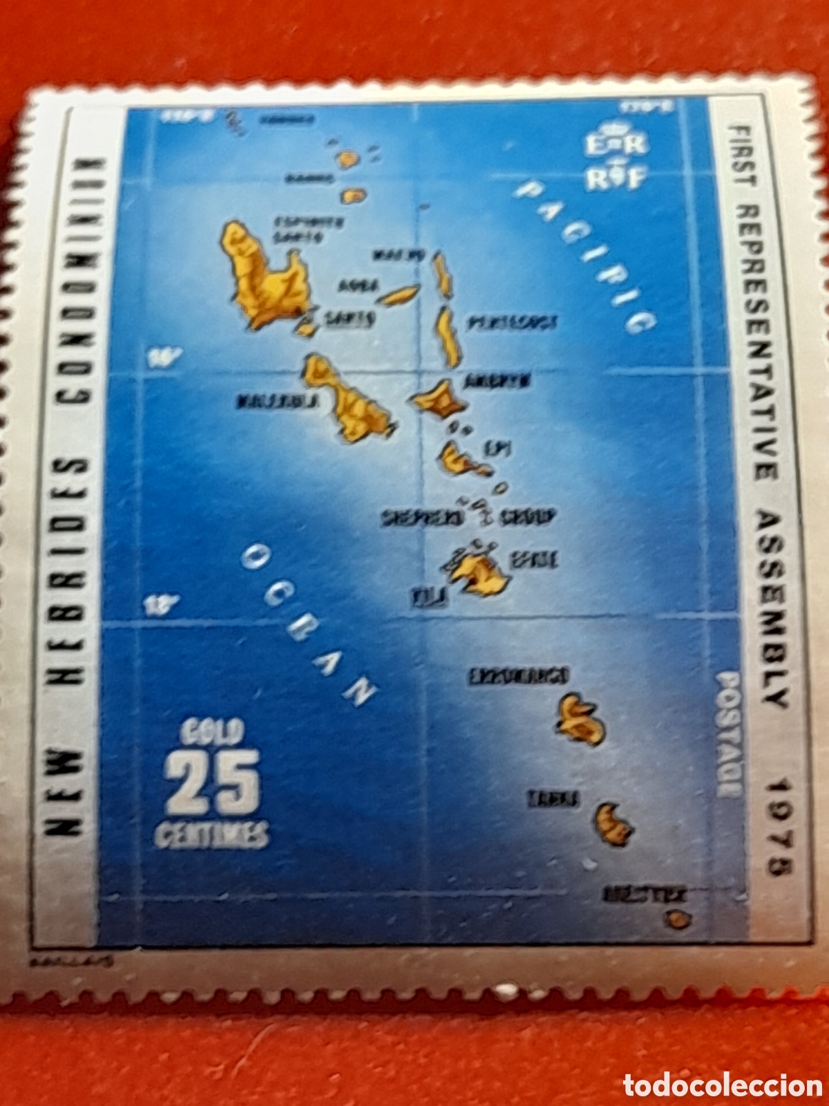 Sellos: Sello (1/3v) Nuevas Hebridas nuevo 1976. 1Aniv asamblea. Islas. Geograf&iacute;a. Cartograf&iacute;a.