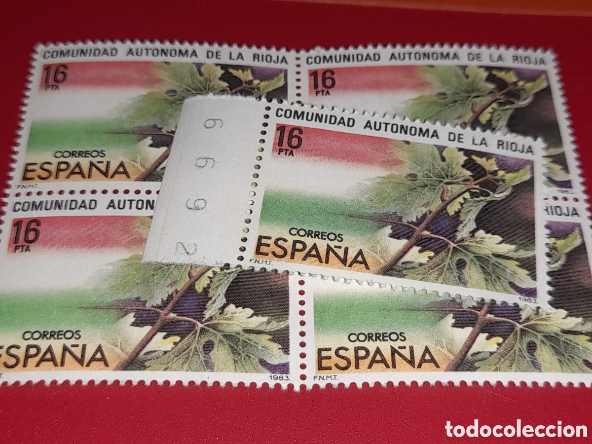 Sellos: Sello Espa&ntilde;a nuevos 1983. Estatuto autonom&iacute;a La Rioja. Bandera. Hojas. Flora. Naturaleza. Cepas. Vid