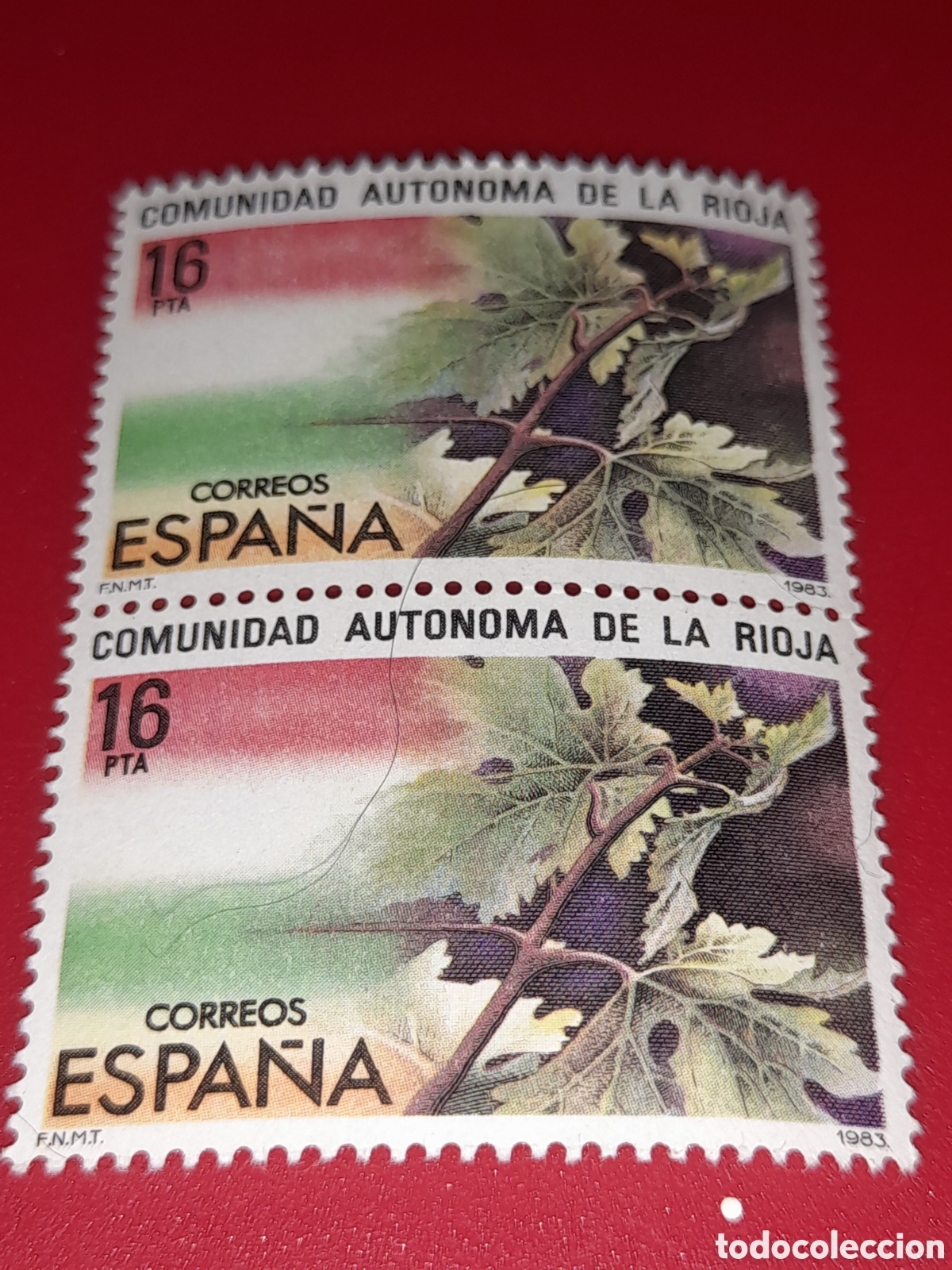 Sellos: Sello Espa&ntilde;a nuevos 1983. Estatuto autonom&iacute;a La Rioja. Bandera. Hojas. Flora. Naturaleza. Cepas. Vid