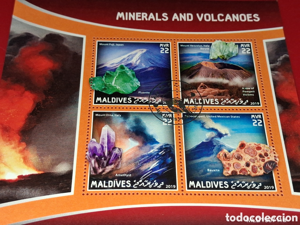 Sellos: HB Maldivas mtdo 2019. Volcanes. Monta&ntilde;as. Minerales. Naturaleza. Geolog&iacute;a. Rocas. Cuarzo. Amatista