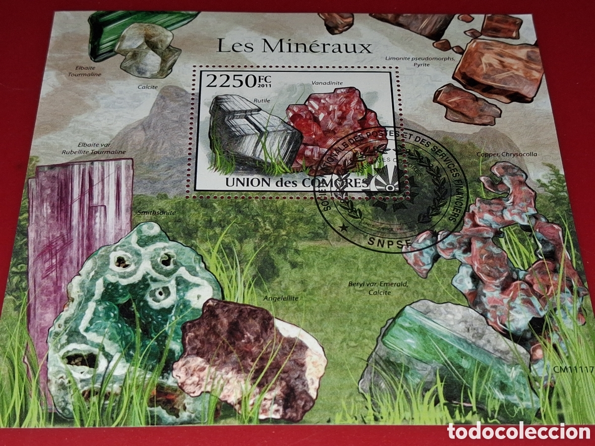 Sellos: HB Comoras mtdo 2011. Minerales. Naturaleza. Geolog&iacute;a. Rocas. Cuarzo. Pirita