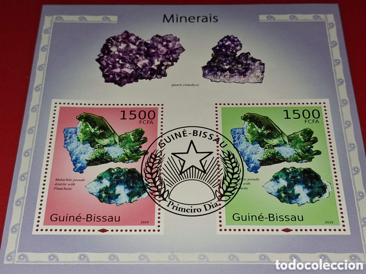Sellos: HB Guinea Bissau mtdo 2010. Minerales. Rocas. Geolog&iacute;a. Naturaleza. Malaquita. Cuarzo.