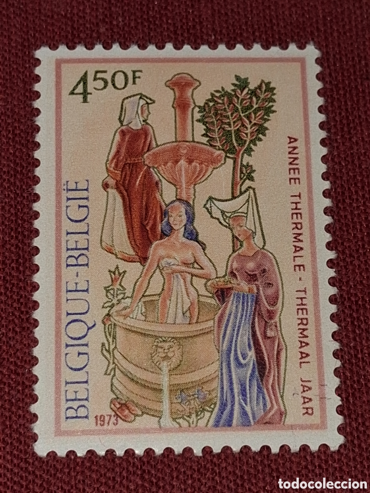 Sellos: Sello B&eacute;lgica nuevo 1973. A&ntilde;o aguas termales. Desnudo. Fuente. &Aacute;rboles. Naturaleza