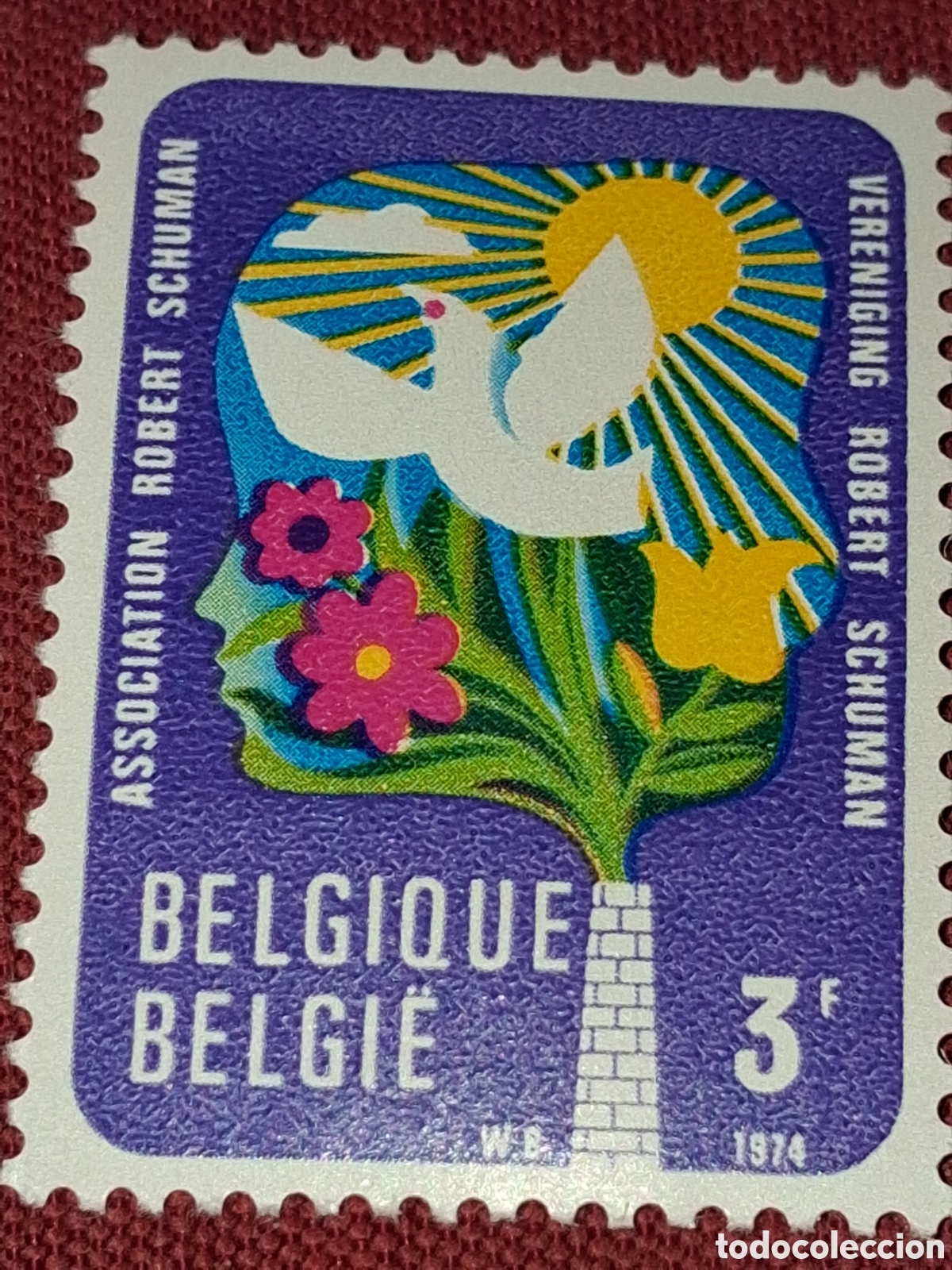 Sellos: Sello B&eacute;lgica nuevo 1974. Protecci&oacute;n medio ambiente. Naturaleza. Aves. Pajros. Paloma. Flores. Sol.