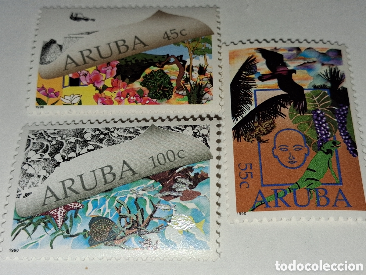 Sellos: Sello Aruba nuevo 1990. Protecci&oacute;n medio ambiente. Fauna. Flores. Flora. Peces. Pescado. Aves. Pajar