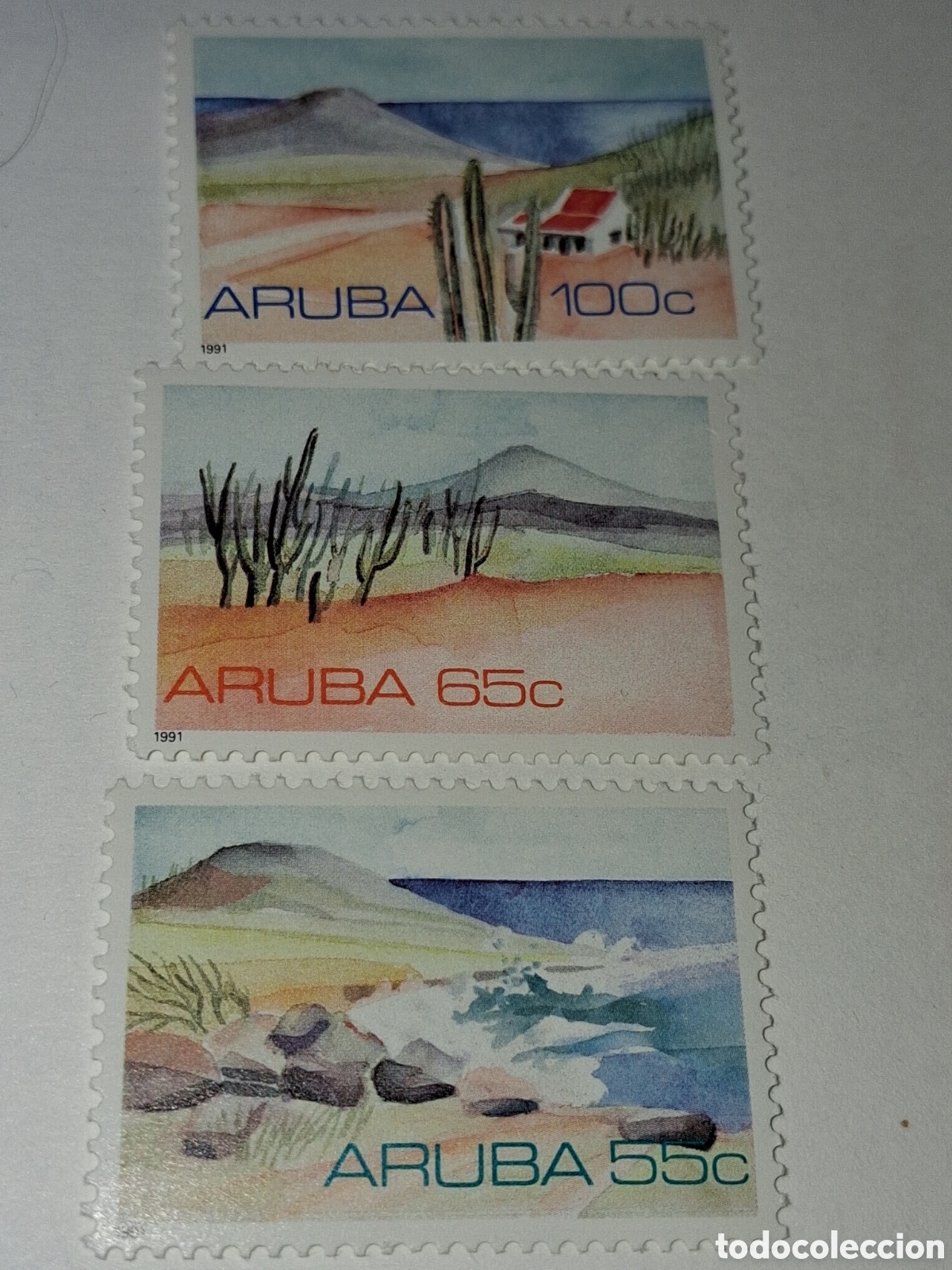 Sellos: Sello Aruba nuevo 1991. Paisajes. Naturaleza. Plantas. Flora. Monta&ntilde;as. Costa. Cactus