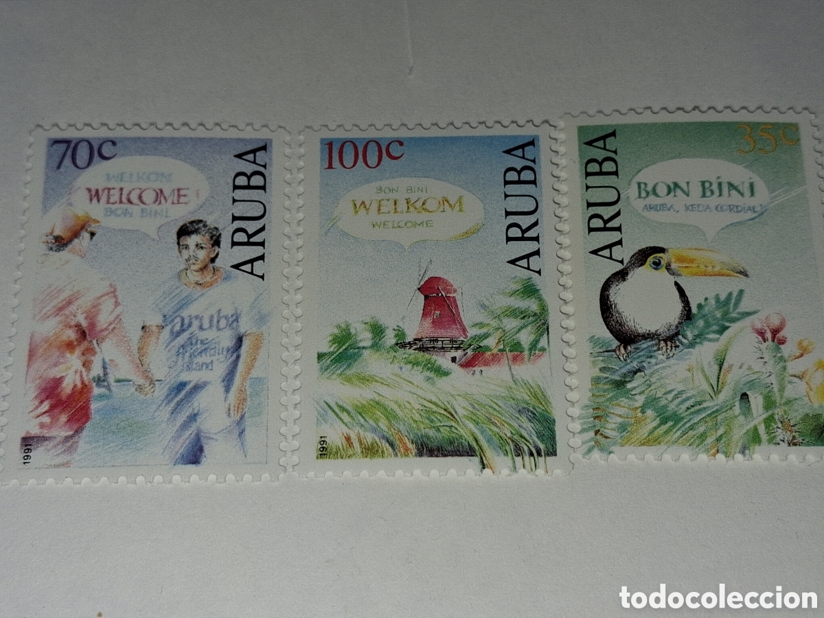 Sellos: Sello Aruba nuevo 1991. Turismo. Naturaleza. Gente. Familia. Molino. Arquitectura. Aves. P&aacute;jaro. Fau