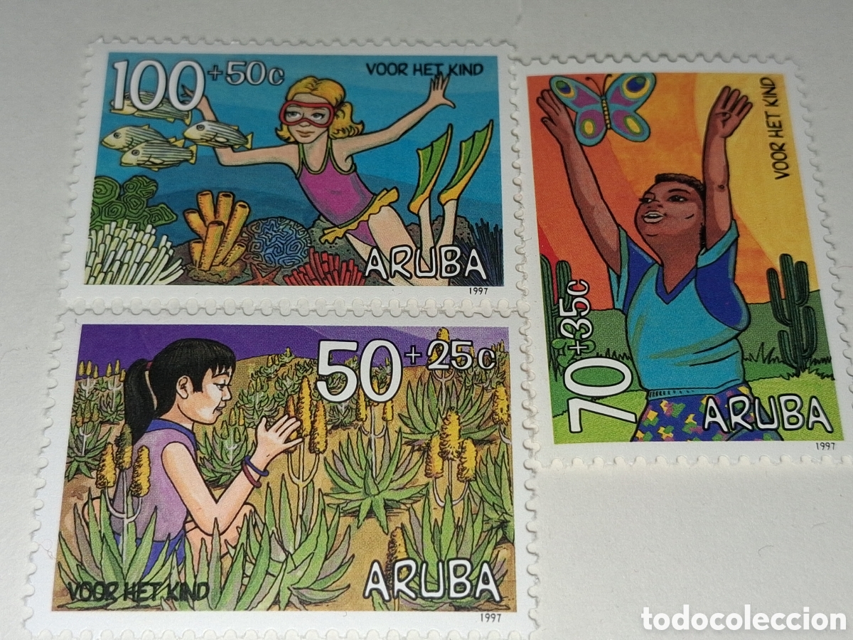 Sellos: Sello Aruba nuevo 1997. Pro infancia. Naturaleza. Flora. Jard&iacute;n. Peces. Mariposa. Insecto.