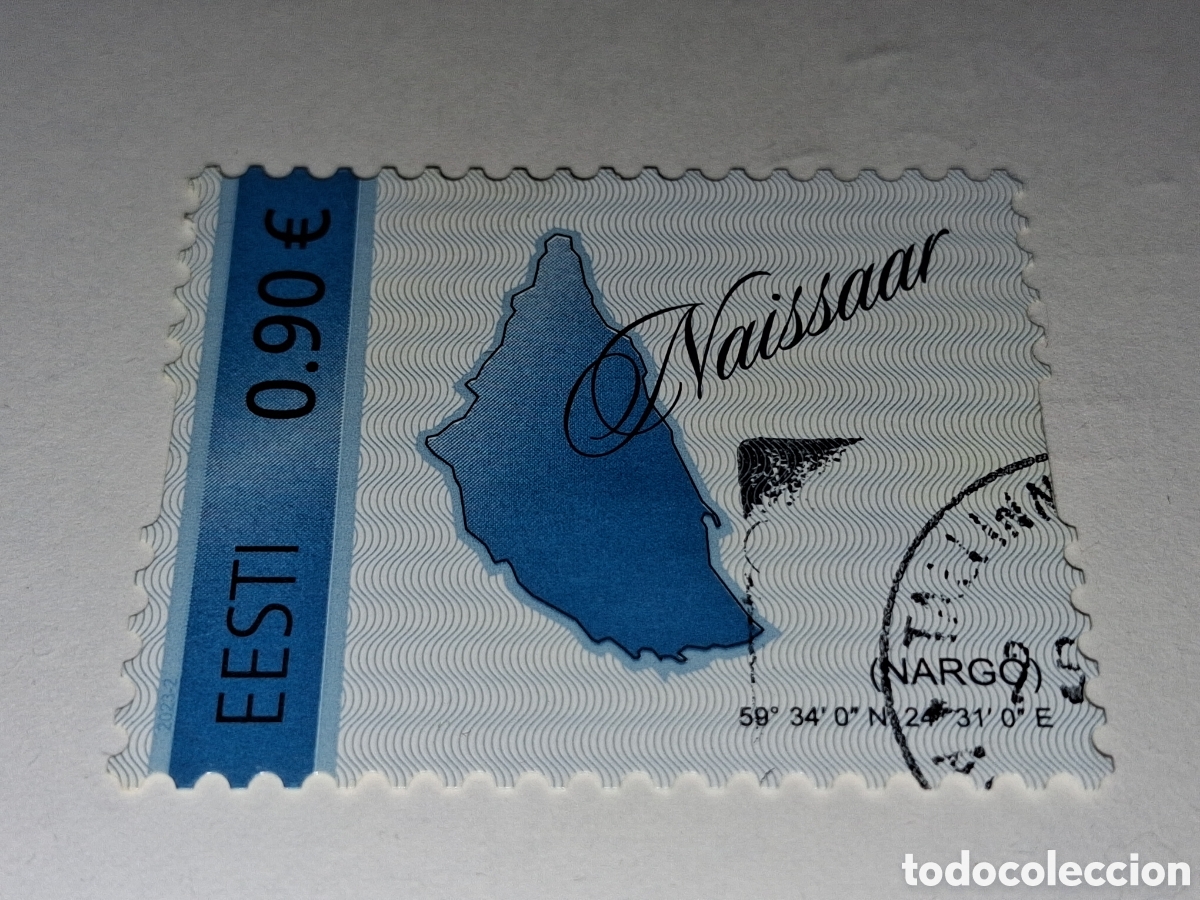 Sellos: Sello, adhesivo Estonia mtdo/redo 2023. Isla Naissaar. Mapa. Cartograf&iacute;a. Costa. Geograf&iacute;a. Naturale