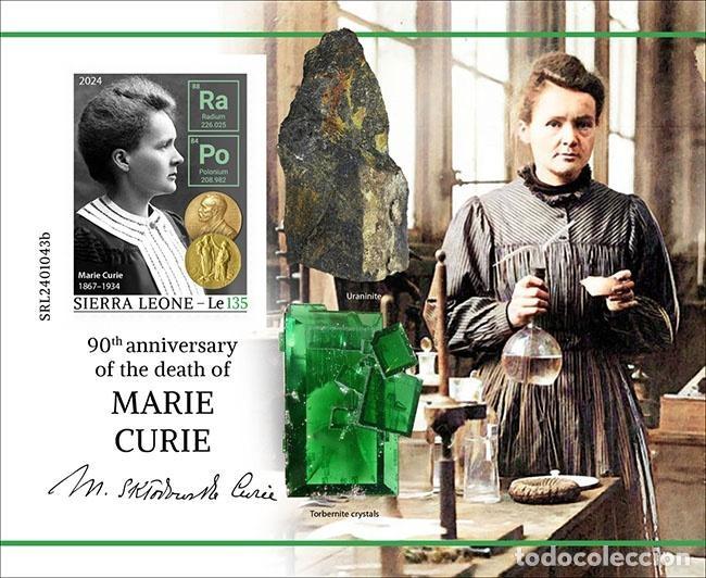 Sellos: Sierra Leona 2024 Mi. Bl. 3253 bloque sin dentar Marie Curie Nobel qu&iacute;mica