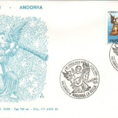 Sellos: ANDORRA EDIFIL 189, NAVIDAD 1985, TABLA DE LA CAPILLA DE SAN BARTOLOME, PRIMER DIA DE 11-12-1985