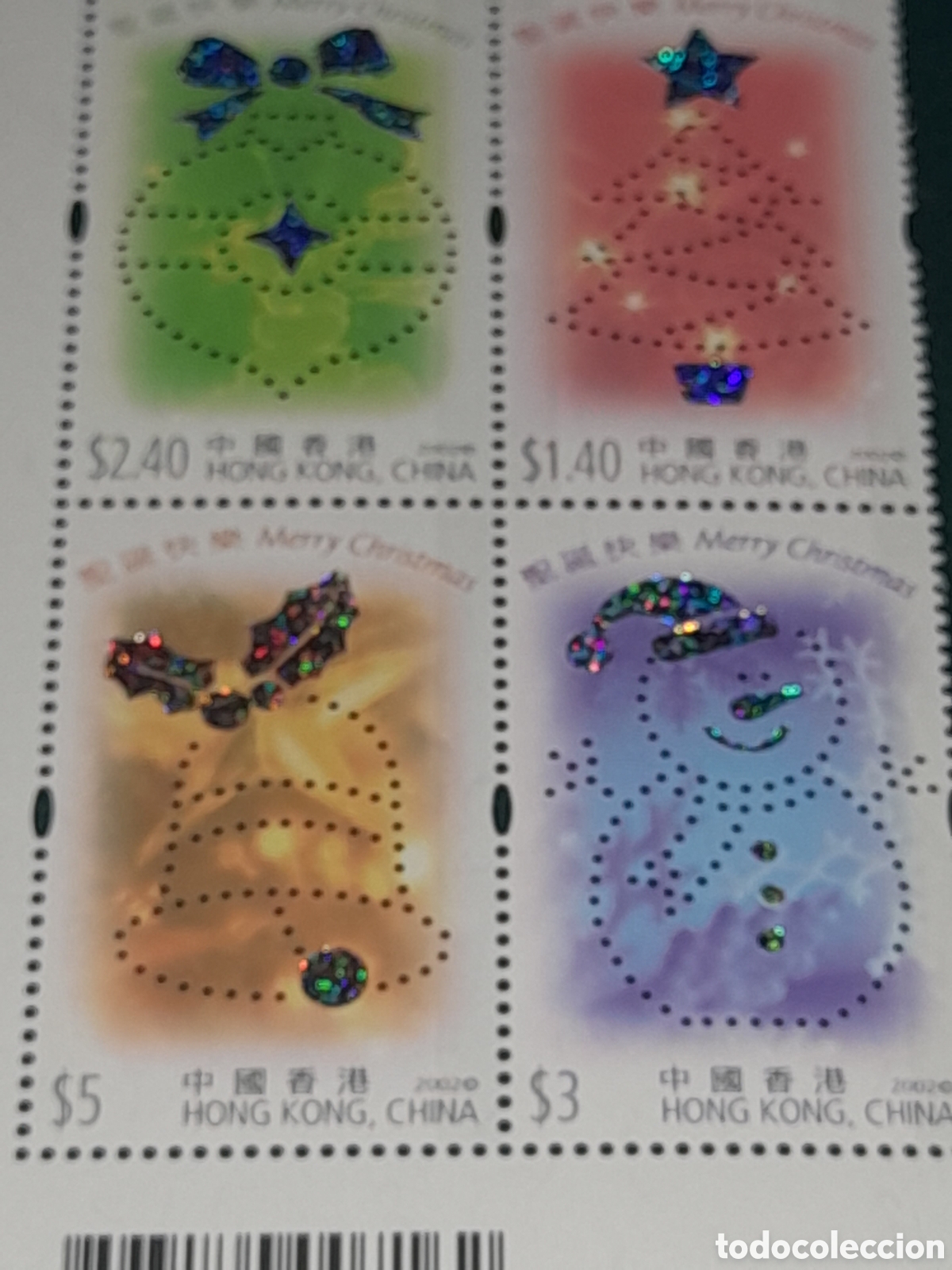 Sellos: HB Hong Kong nuevo/holograma 2002. Navidades. Celebraciones. Campa&ntilde;a. Mu&ntilde;eco nieve. Pino.