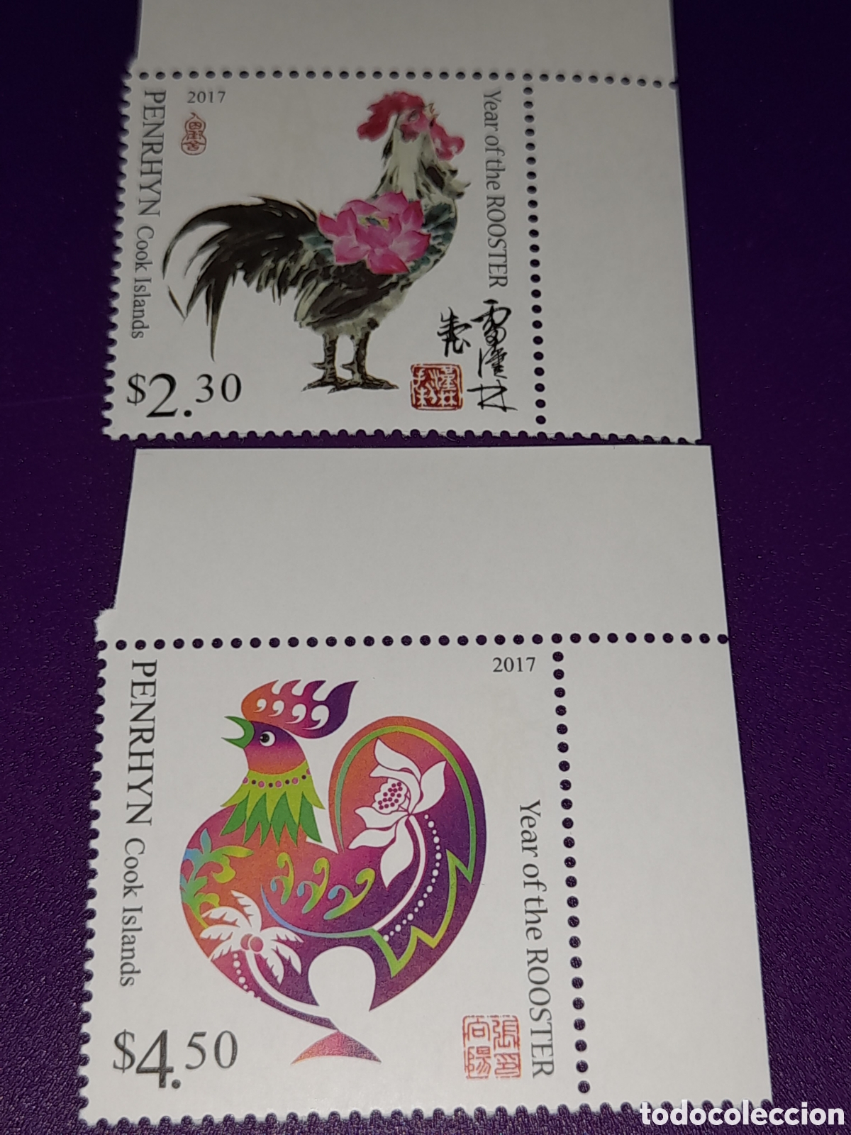 Sellos: Sello Penrhyn nuevo 2016. A&ntilde;o nuevo. Gallo. Animales. Fauna. Hor&oacute;scopo. Zodiaco. Aves. Pajaro Pollo