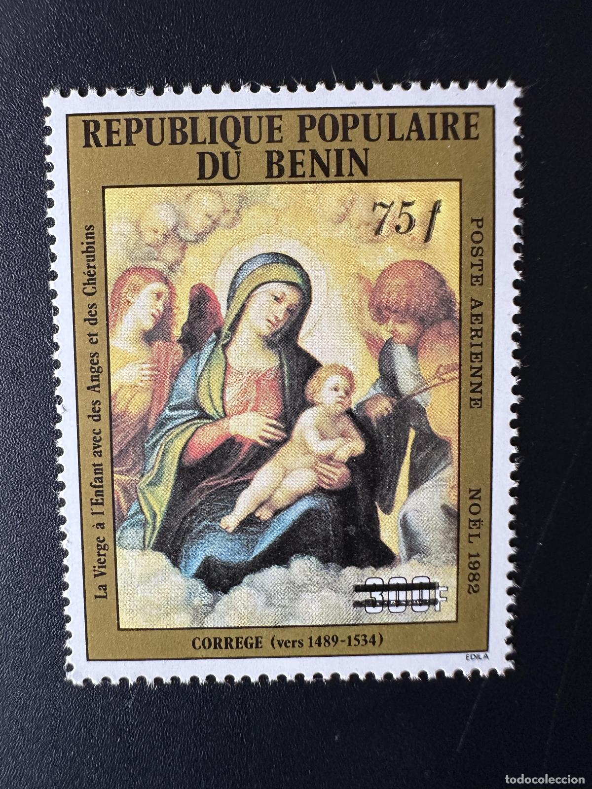 Sellos: Benin 1985 Mi. 392 Correge Madonna Child Navidad pintura sobreimpresa