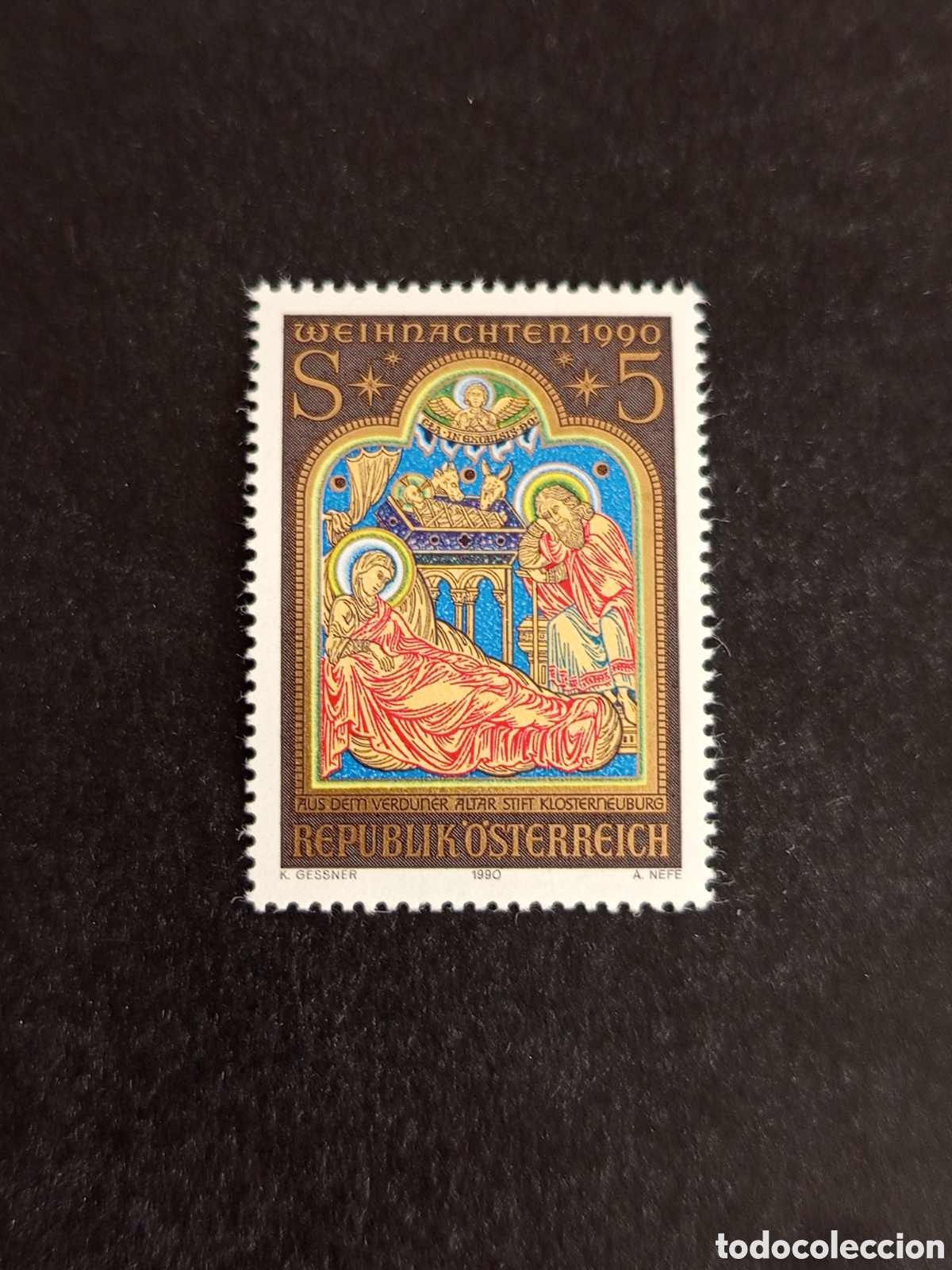 Sellos: AUSTRIA, 1990. Navidad. Natividad. Retablo Abad&iacute;a Klosterneubourg. Yvert 1841. Pedido m&iacute;nimo 3 &euro;.