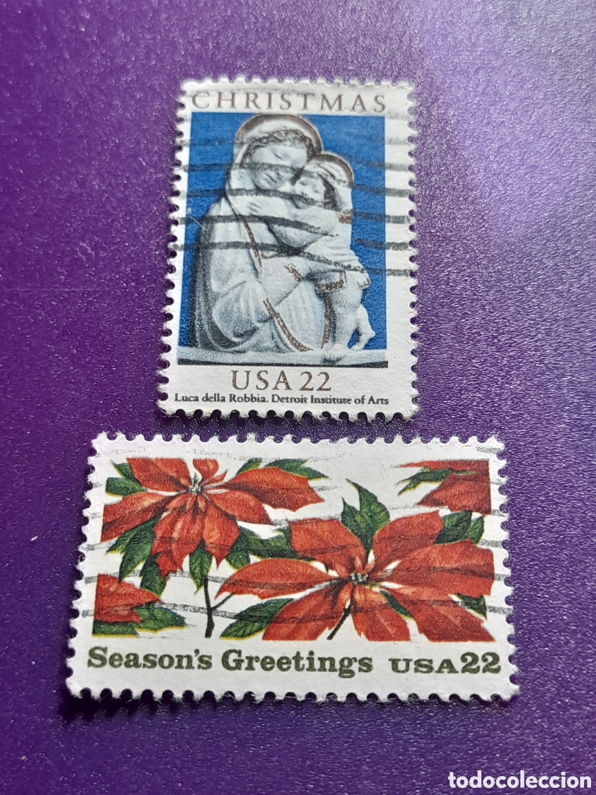 Sellos: Sello Estados Unidos mtdo 1985. Navidad. Religi&oacute;n. Escultura. Virgen, ni&ntilde;o. Flores. Flora.
