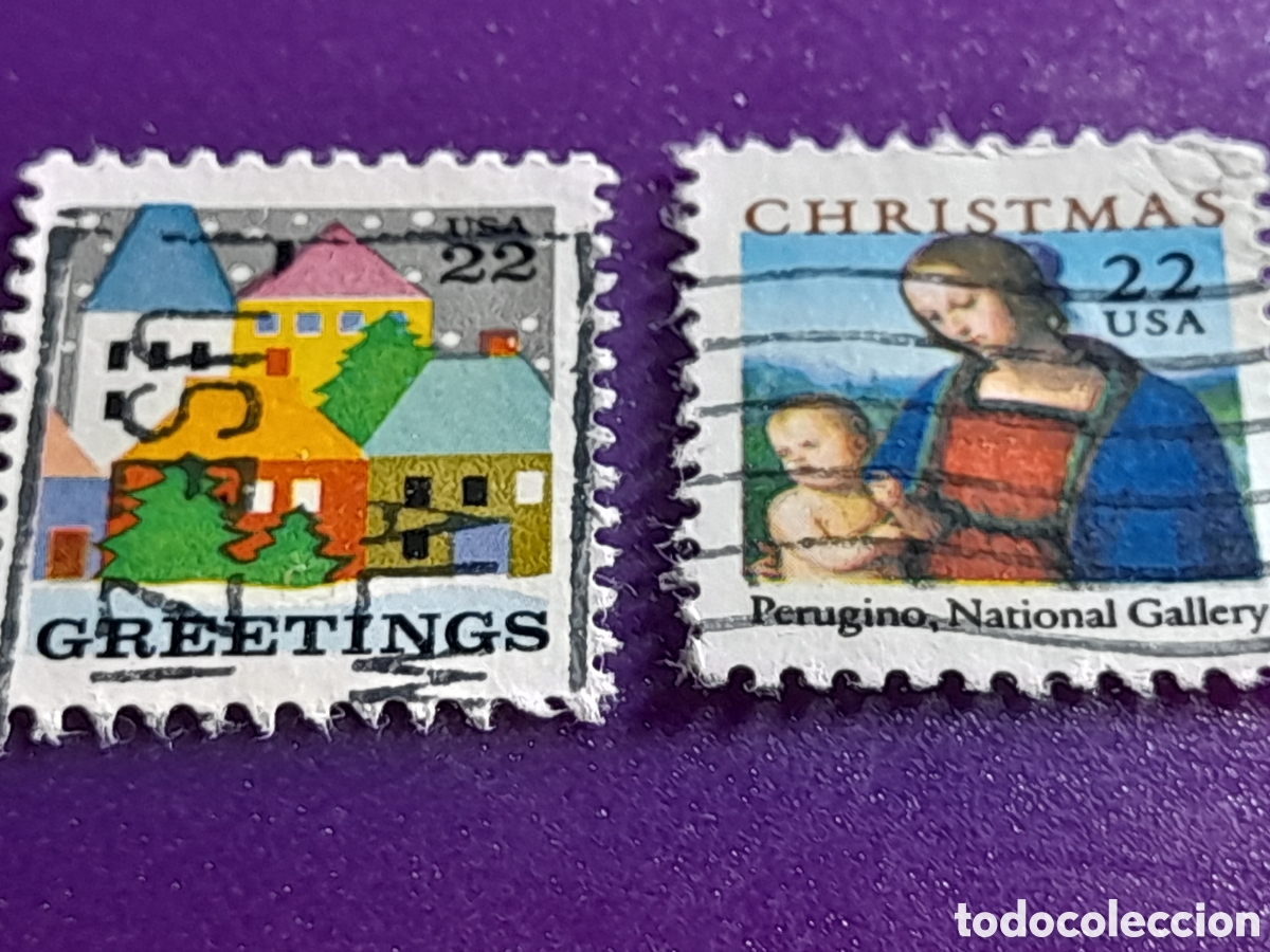 Sellos: Sello Estados Unidos mtdo/udo 1986. Navidad. Virgen. Aldea. Casas. &Aacute;rboles. Religi&oacute;n.