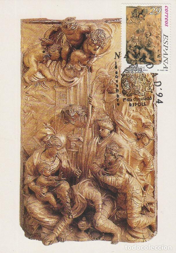Sellos: Edifil n&ordm; 3335, Navidad 1994, Retablo de Ripoll, Tarjeta maxima matasello especial Ripoll 18-11-1994