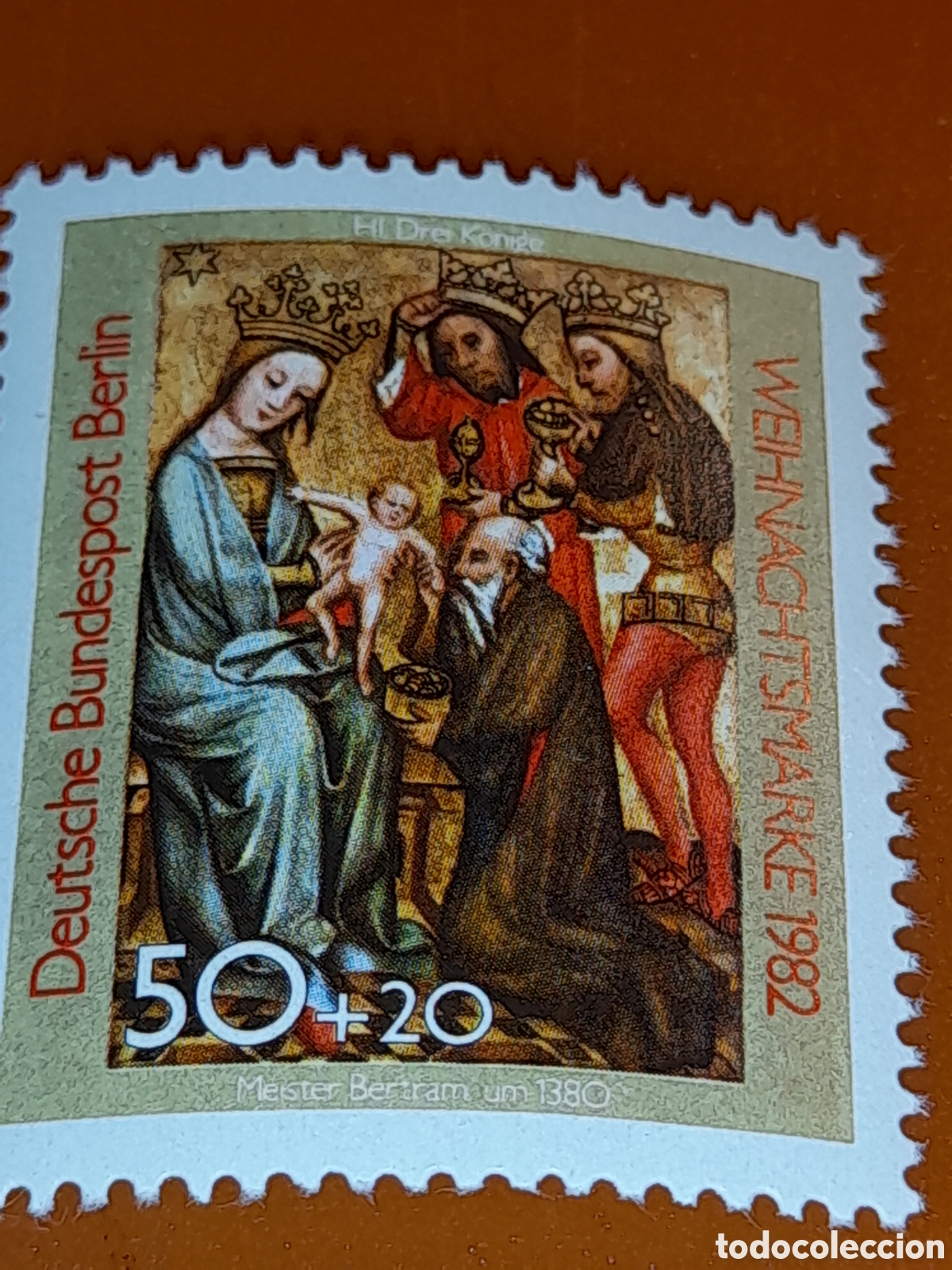 Sellos: Sello Alemania. Berlin nuevo 1982. Navidad. Pintura. Religi&oacute;n. Adoraci&oacute;n Reyes. Bertram