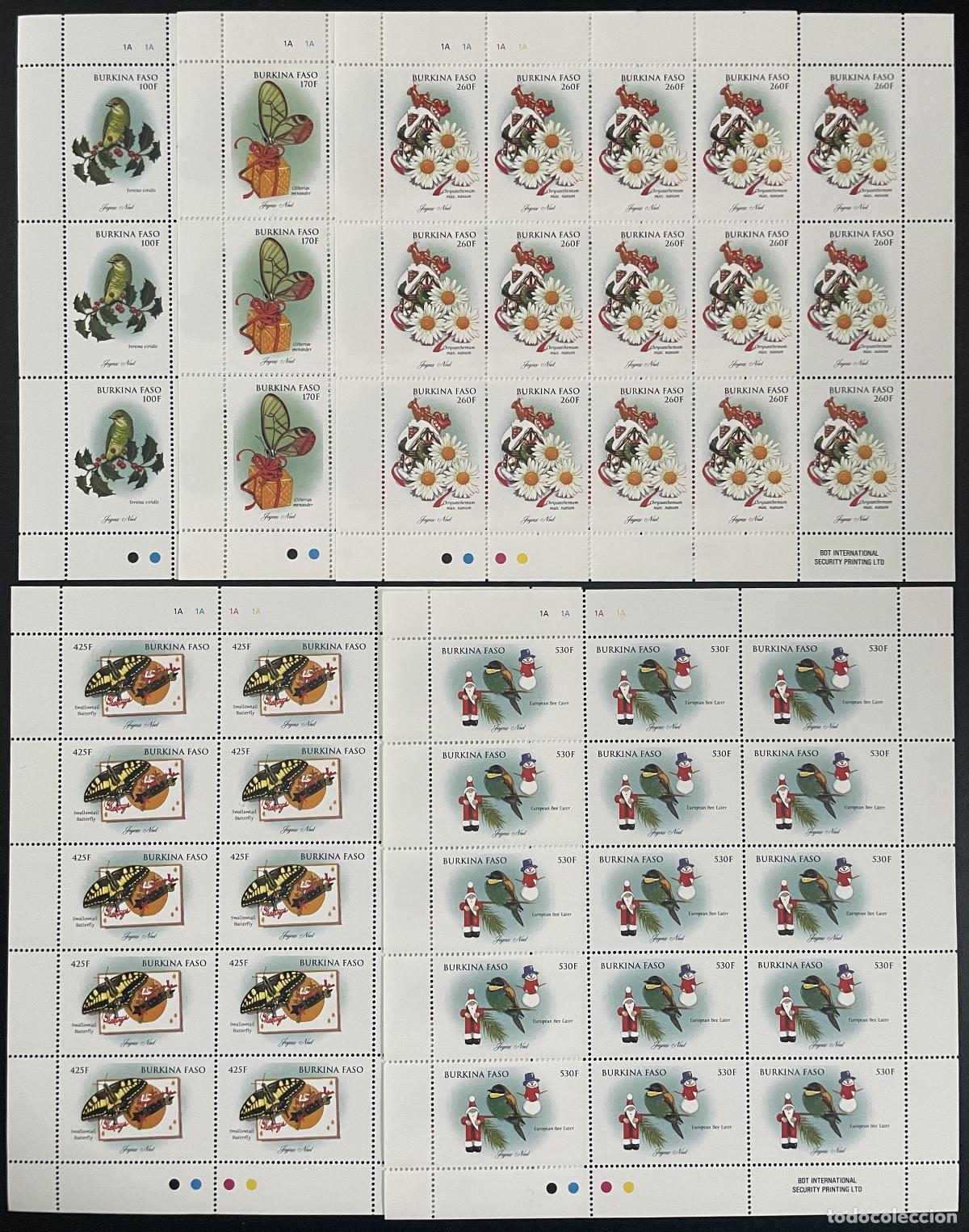Sellos: Burkina Faso 1998 YT 1102-1106 tabl&oacute;n mariposas insectos fauna p&aacute;jaros Navidad