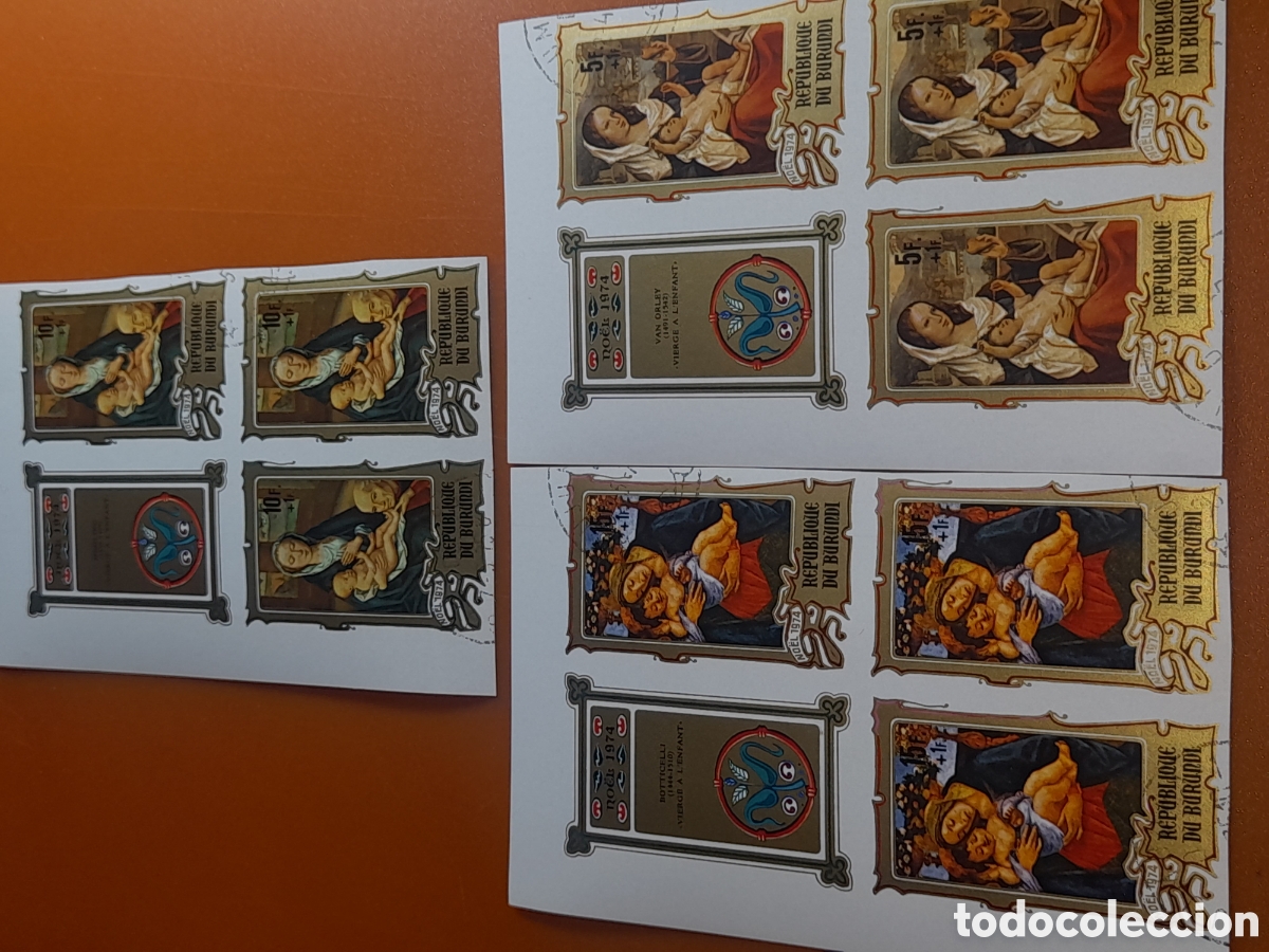 Sellos: Sello Burundi mtdo/sd 1974. Navidad. Arte. Pinturas. Virgen. Ni&ntilde;o. Religi&oacute;n. Botticelli. Memling. O