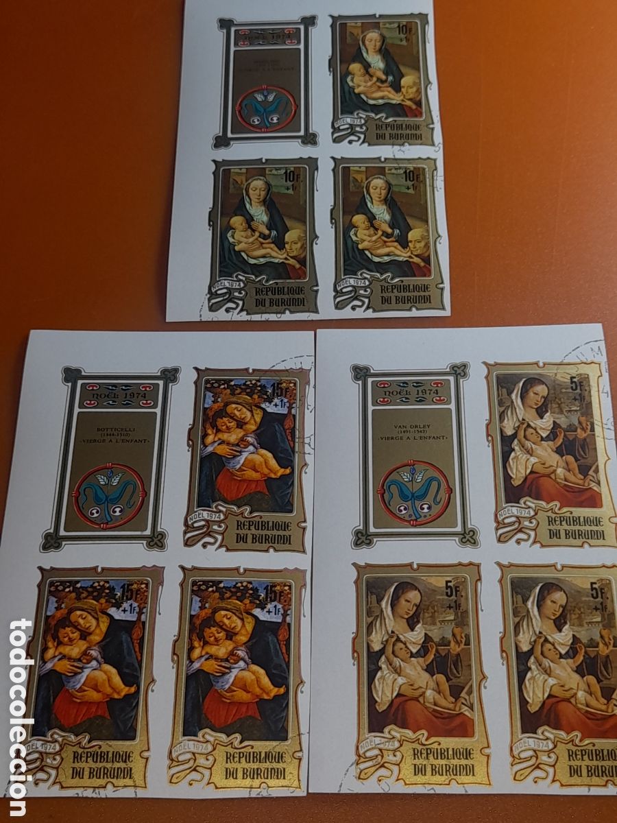Sellos: Sello Burundi mtdo/sd 1974. Navidad. Arte. Pinturas. Virgen. Ni&ntilde;o. Religi&oacute;n. Botticelli. Memling. O