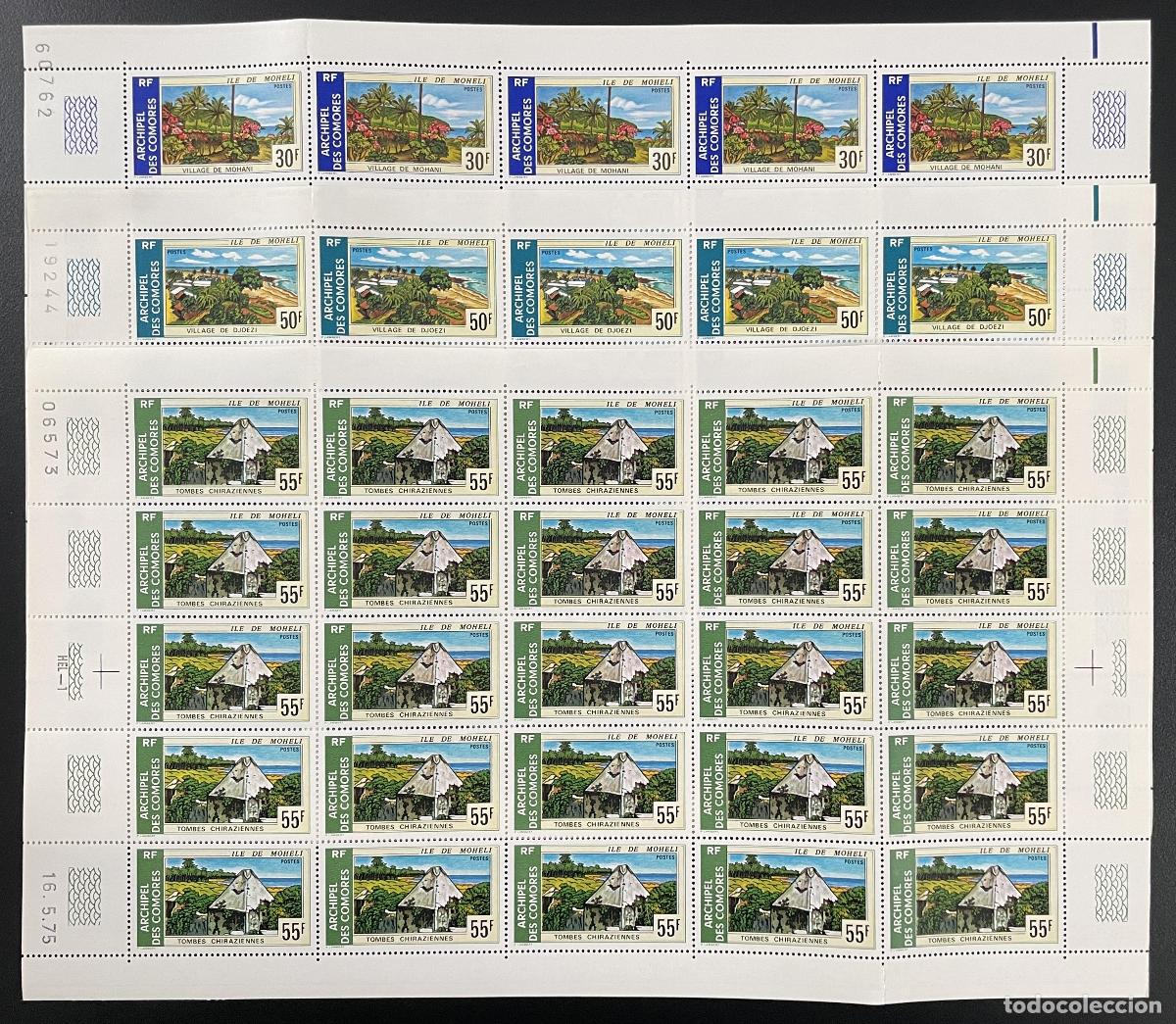 Sellos: Comoras 1975 YT 101-103 tabl&oacute;n pueblos turismo Tumbas moheli chirazias