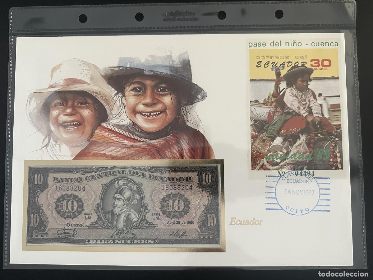 Sellos: Ecuador Carta Numism&aacute;tica 1987 Pase del Ni&ntilde;o Cuenca 30 Sucres billete 10